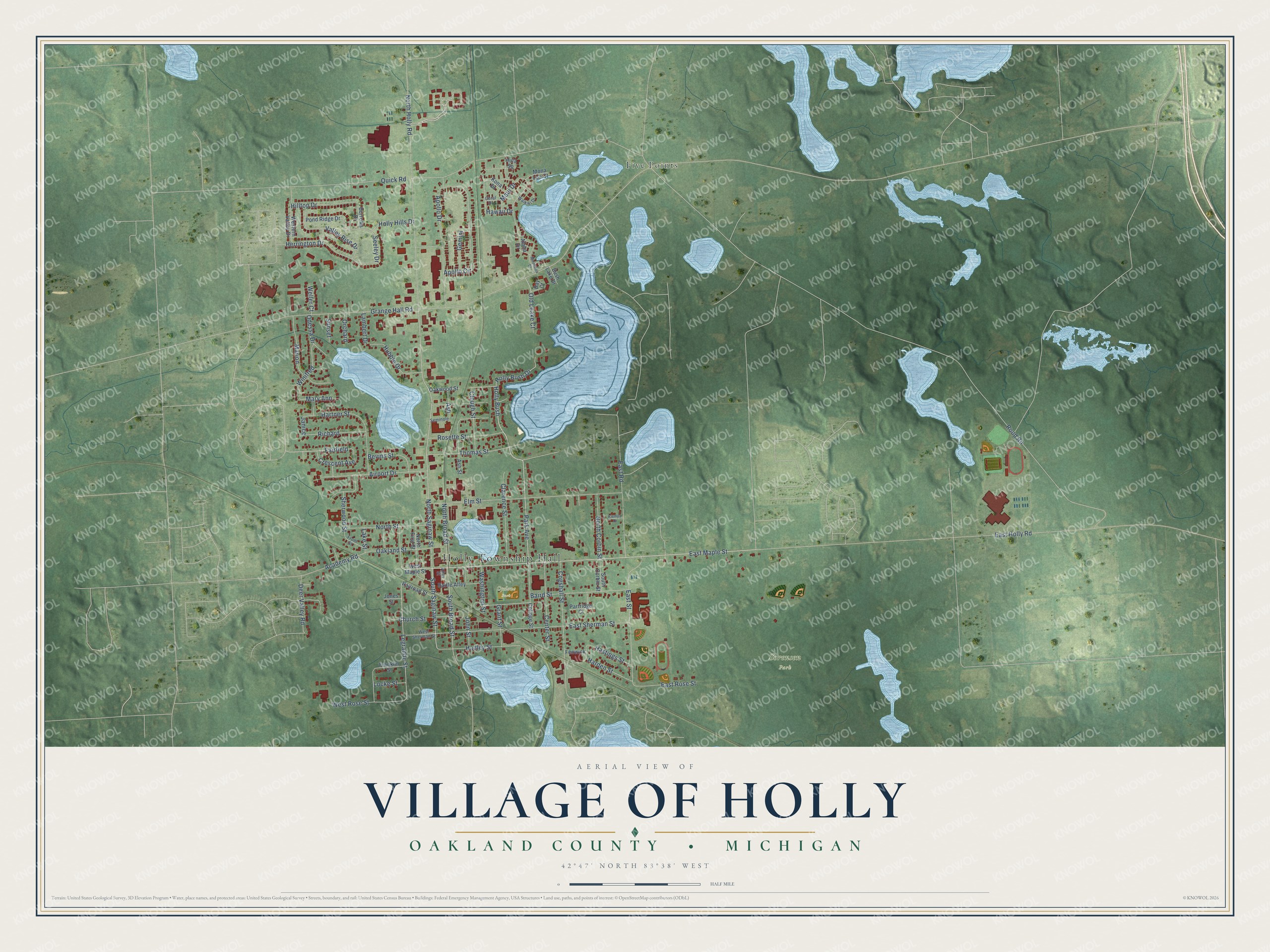 Full map of Holly, Michigan, with red buildings, printed street names and the land around them