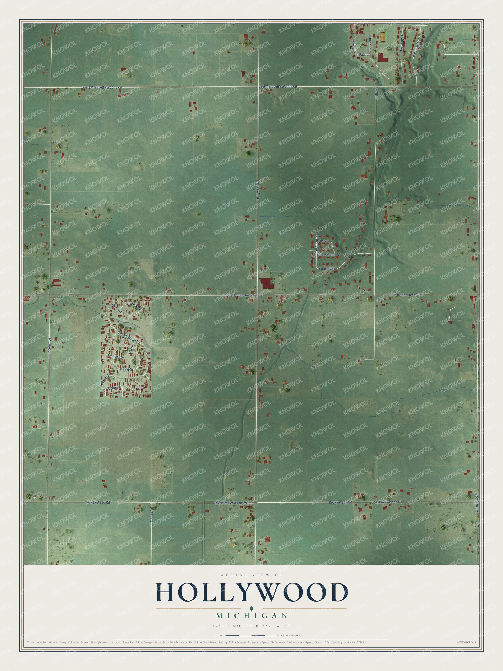 Full map of Hollywood, Michigan, with red buildings, printed street names and the land around them