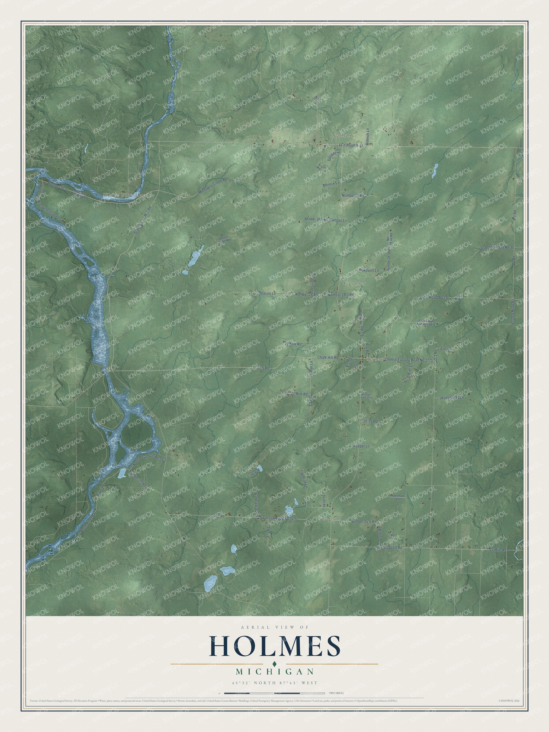Full map of Holmes, Michigan, with red buildings, printed street names and the land around them
