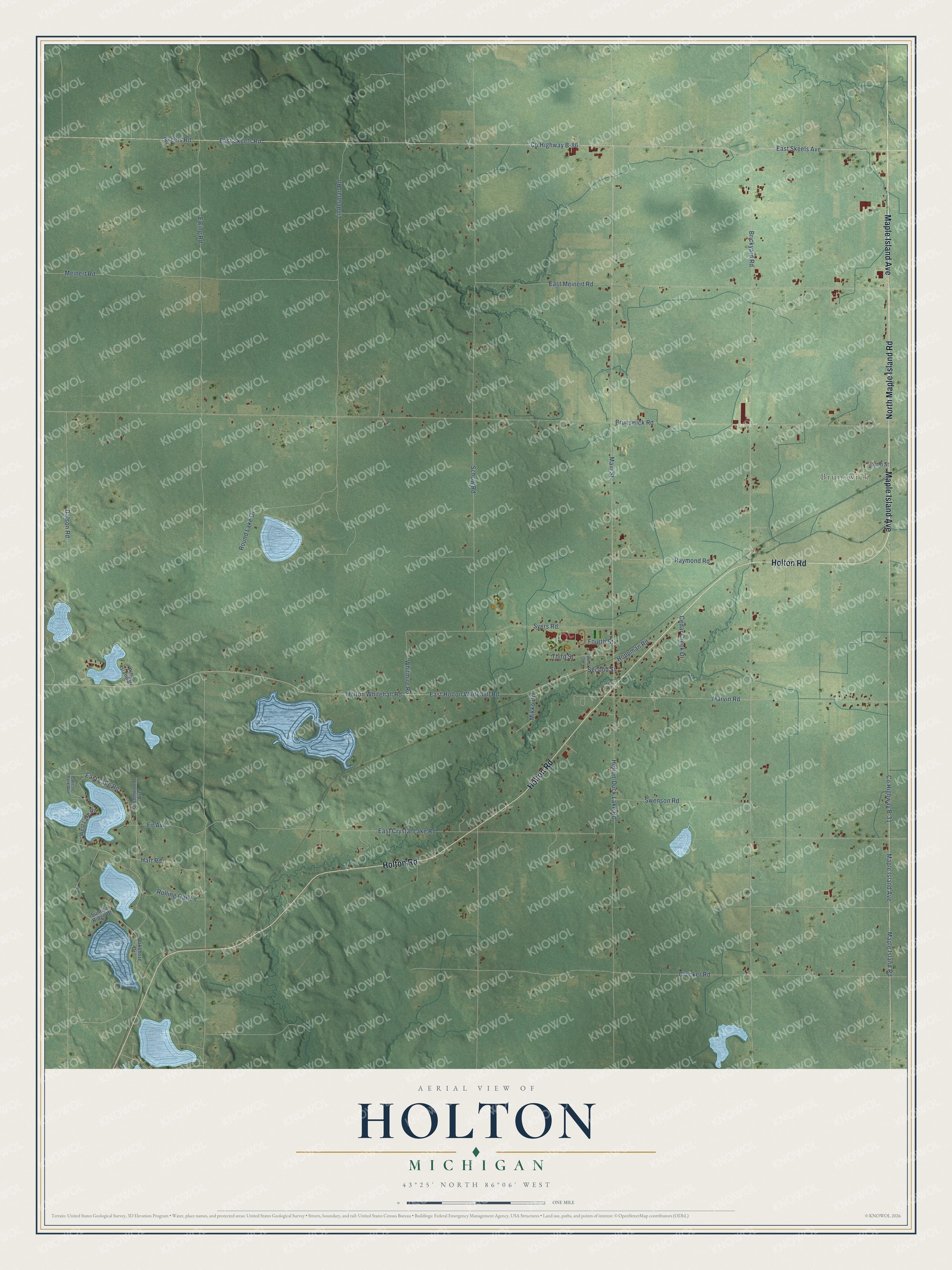 Full map of Holton, Michigan, with red buildings, printed street names and the land around them