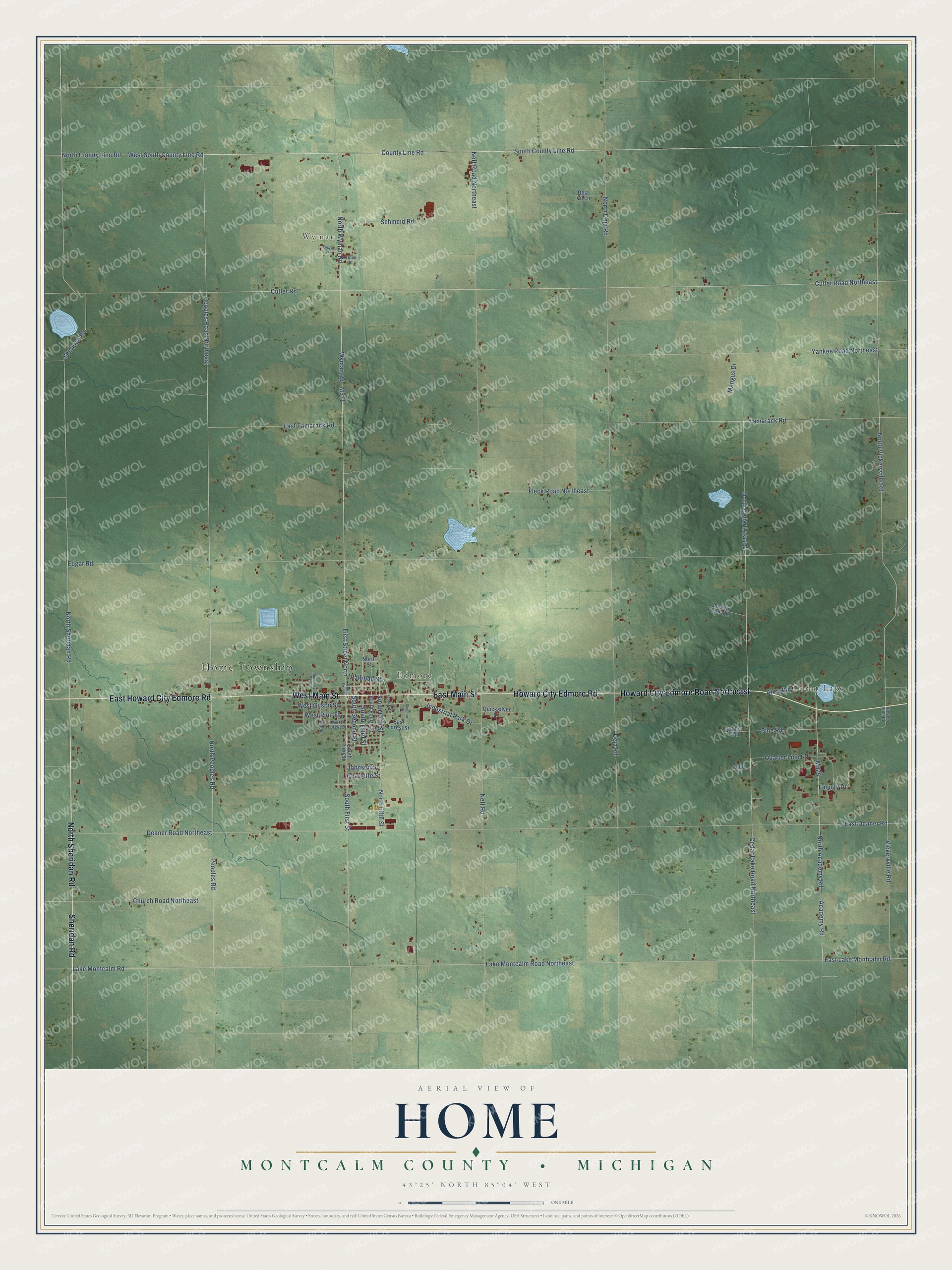 Full map of Home, Michigan, with red buildings, printed street names and the land around them