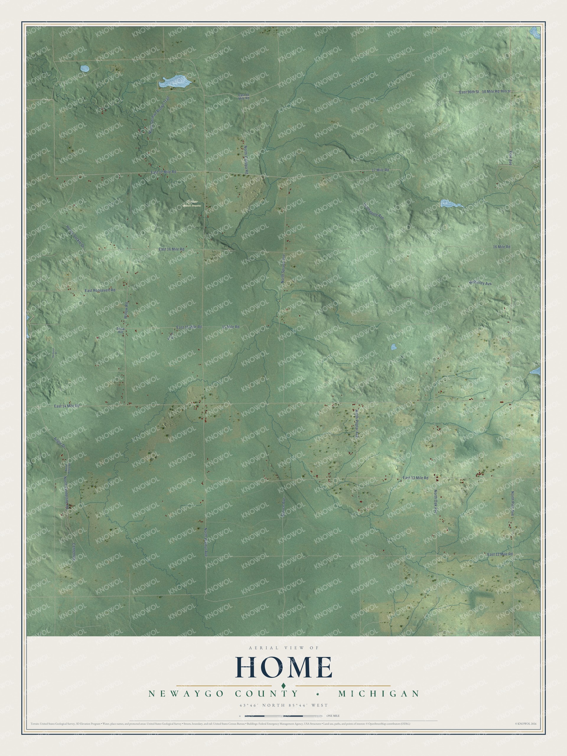 Full map of Home, Michigan, with red buildings, printed street names and the land around them