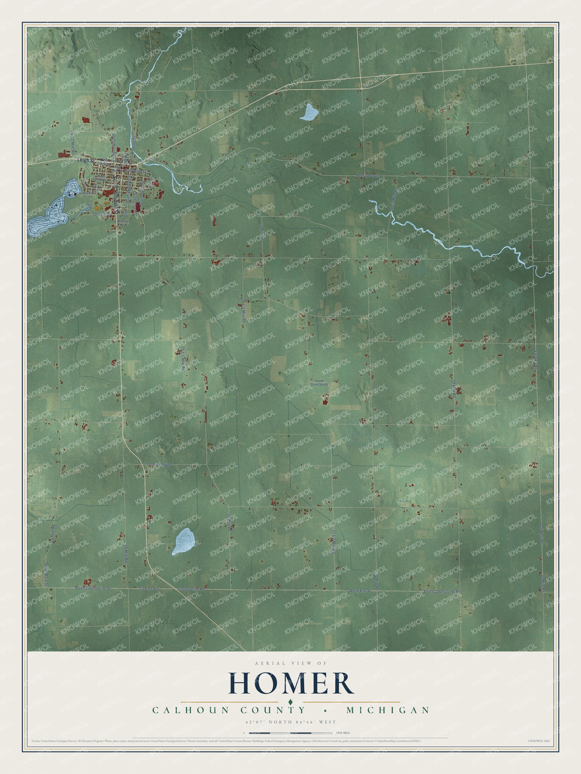 Full map of Homer, Michigan, with red buildings, printed street names and the land around them