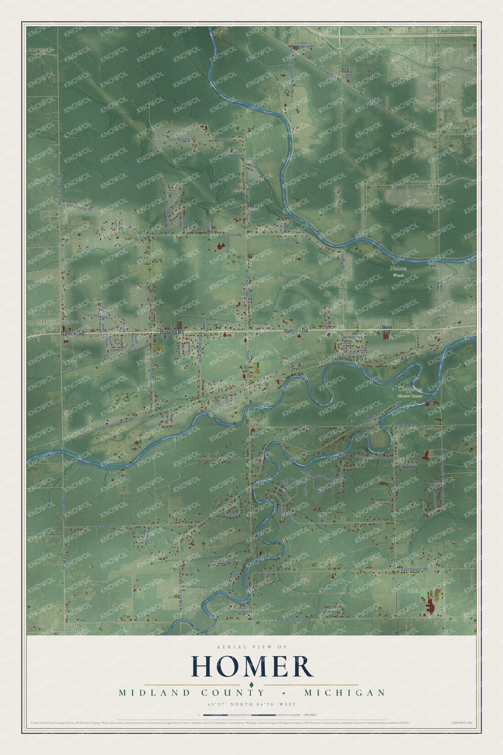 Full map of Homer, Michigan, with red buildings, printed street names and the land around them