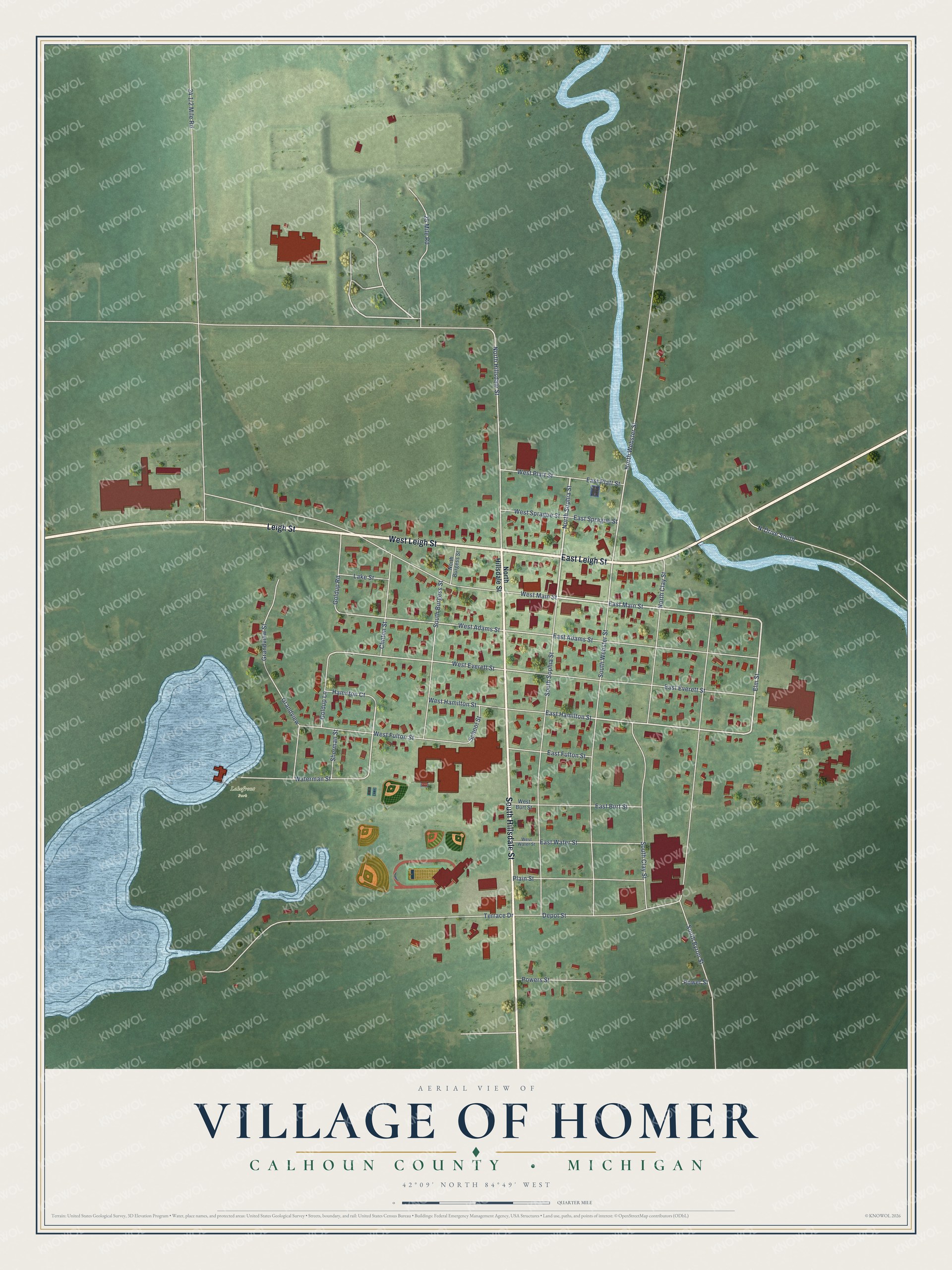 Full map of Homer, Michigan, with red buildings, printed street names and the land around them