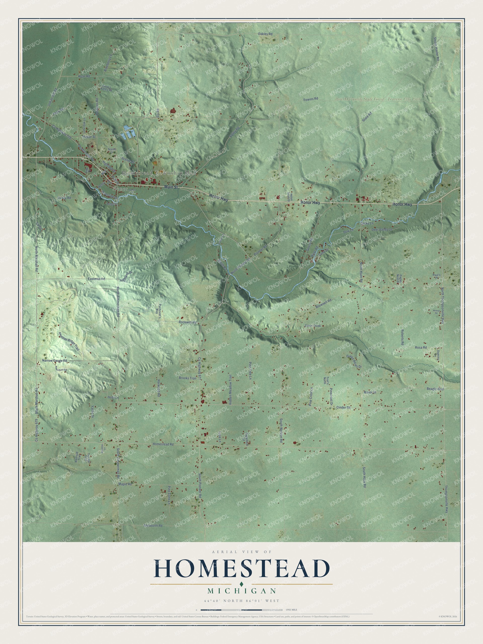 Full map of Homestead, Michigan, with red buildings, printed street names and the land around them