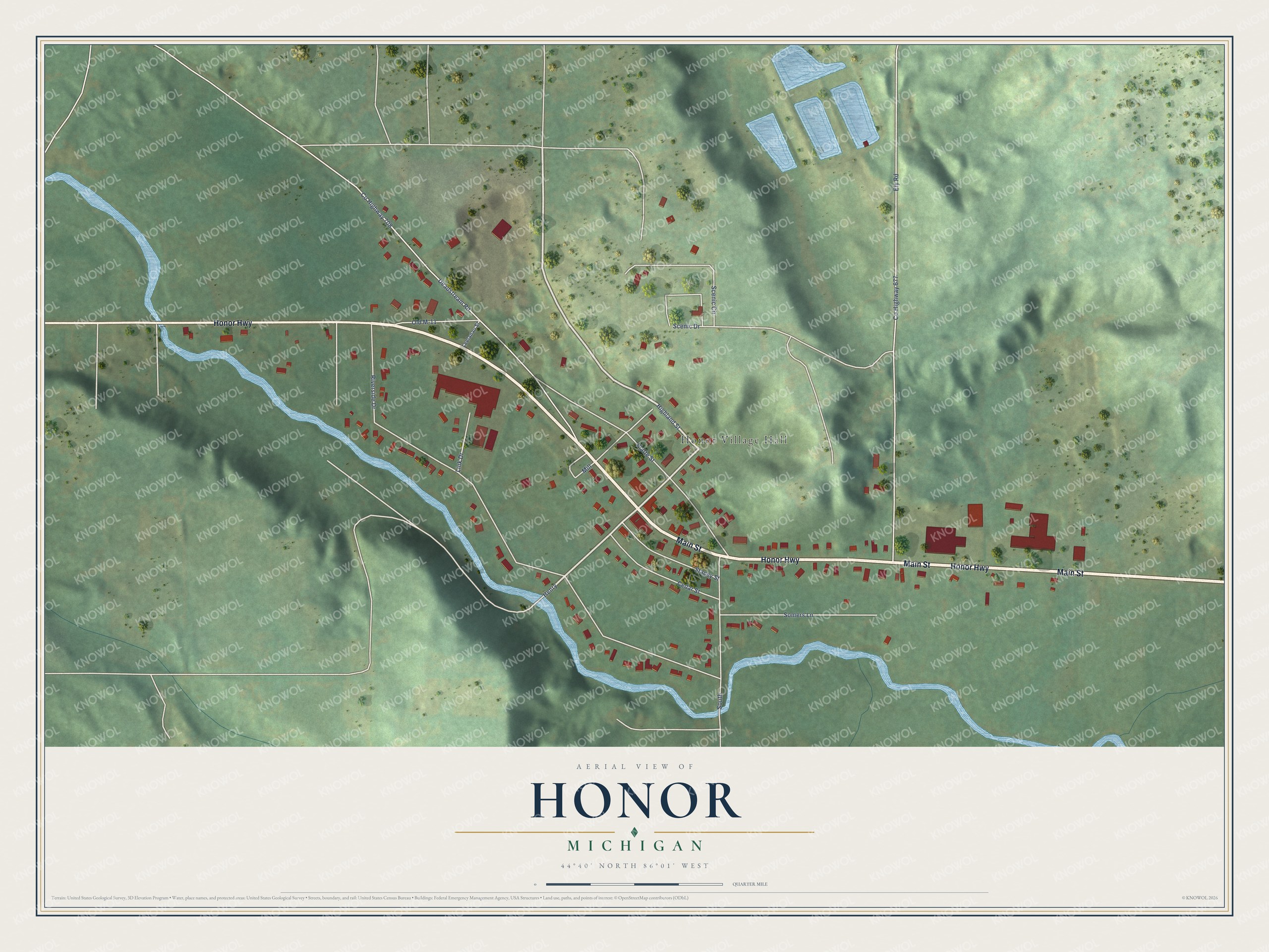 Full map of Honor, Michigan, with red buildings, printed street names and the land around them