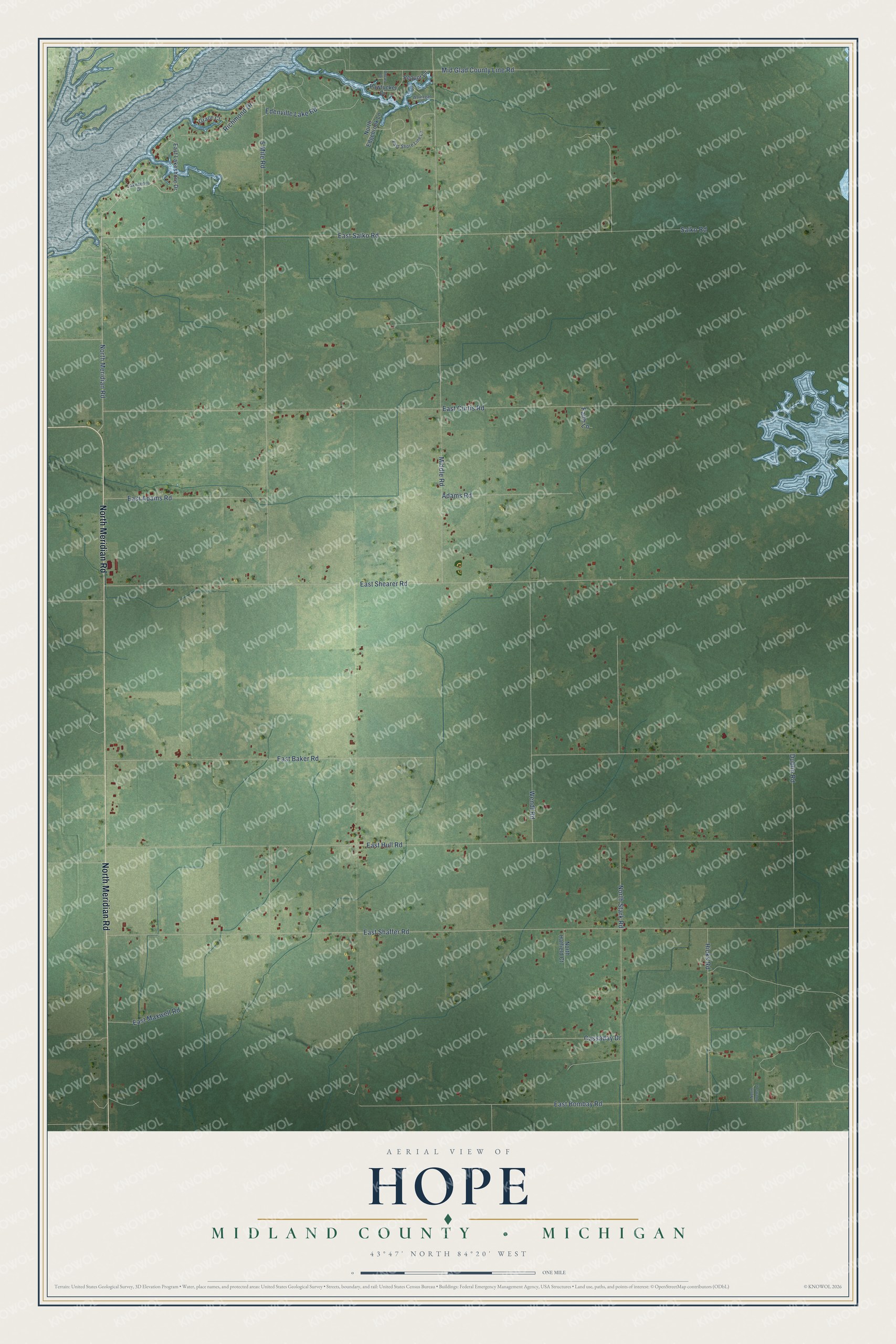 Full map of Hope, Michigan, with red buildings, printed street names and the land around them