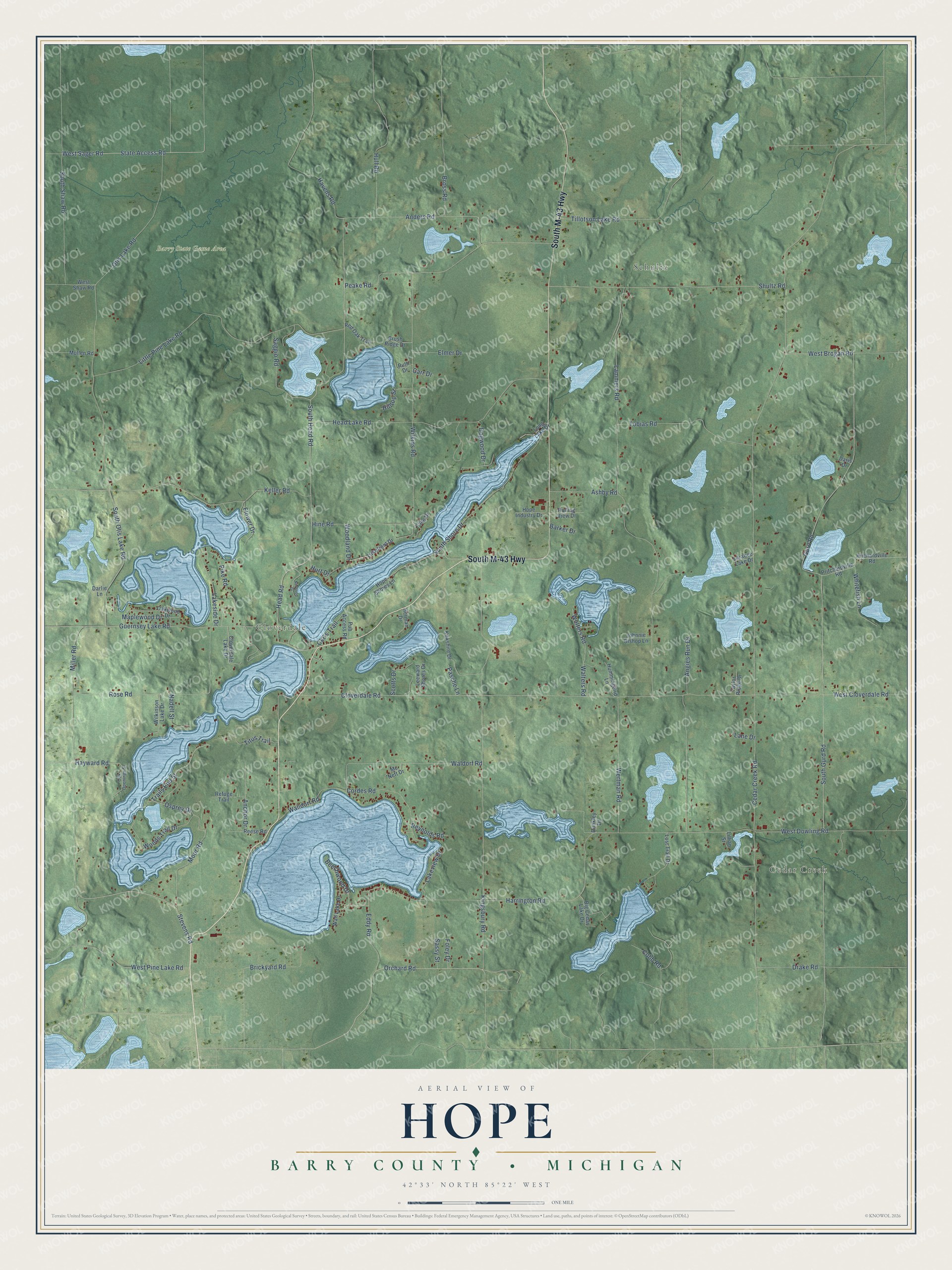 Full map of Hope, Michigan, with red buildings, printed street names and the land around them