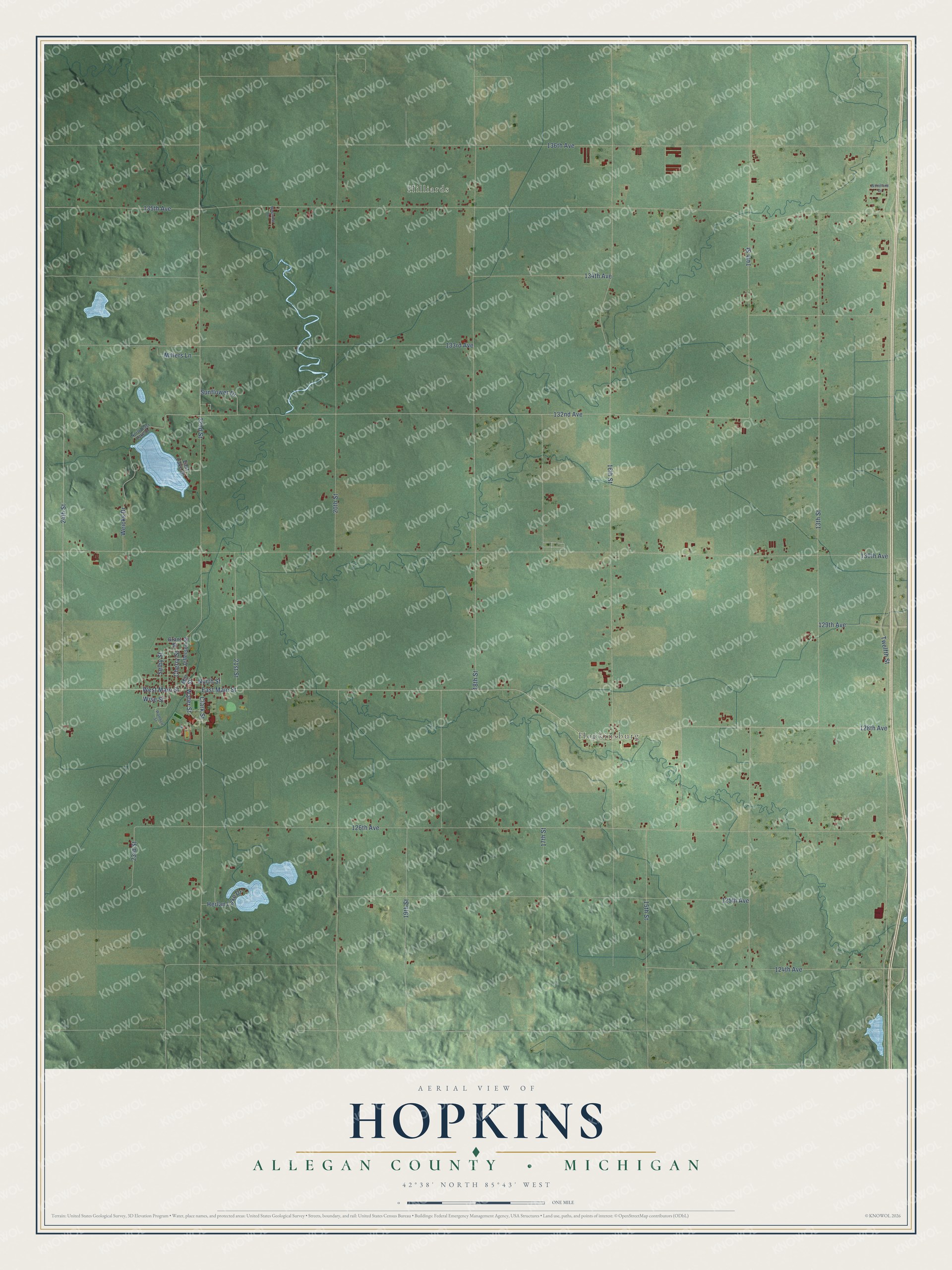 Full map of Hopkins, Michigan, with red buildings, printed street names and the land around them