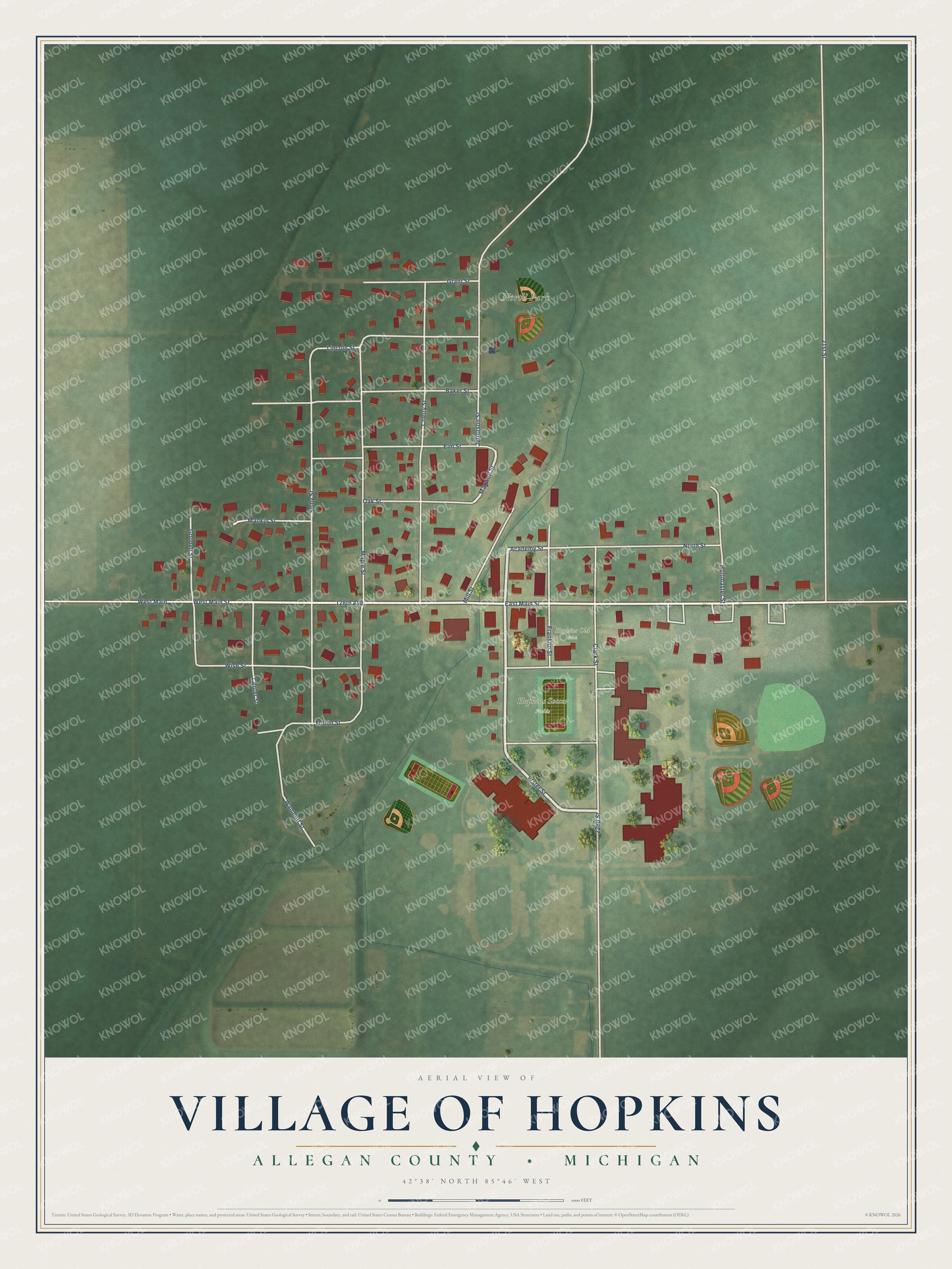 Full map of Hopkins, Michigan, with red buildings, printed street names and the land around them