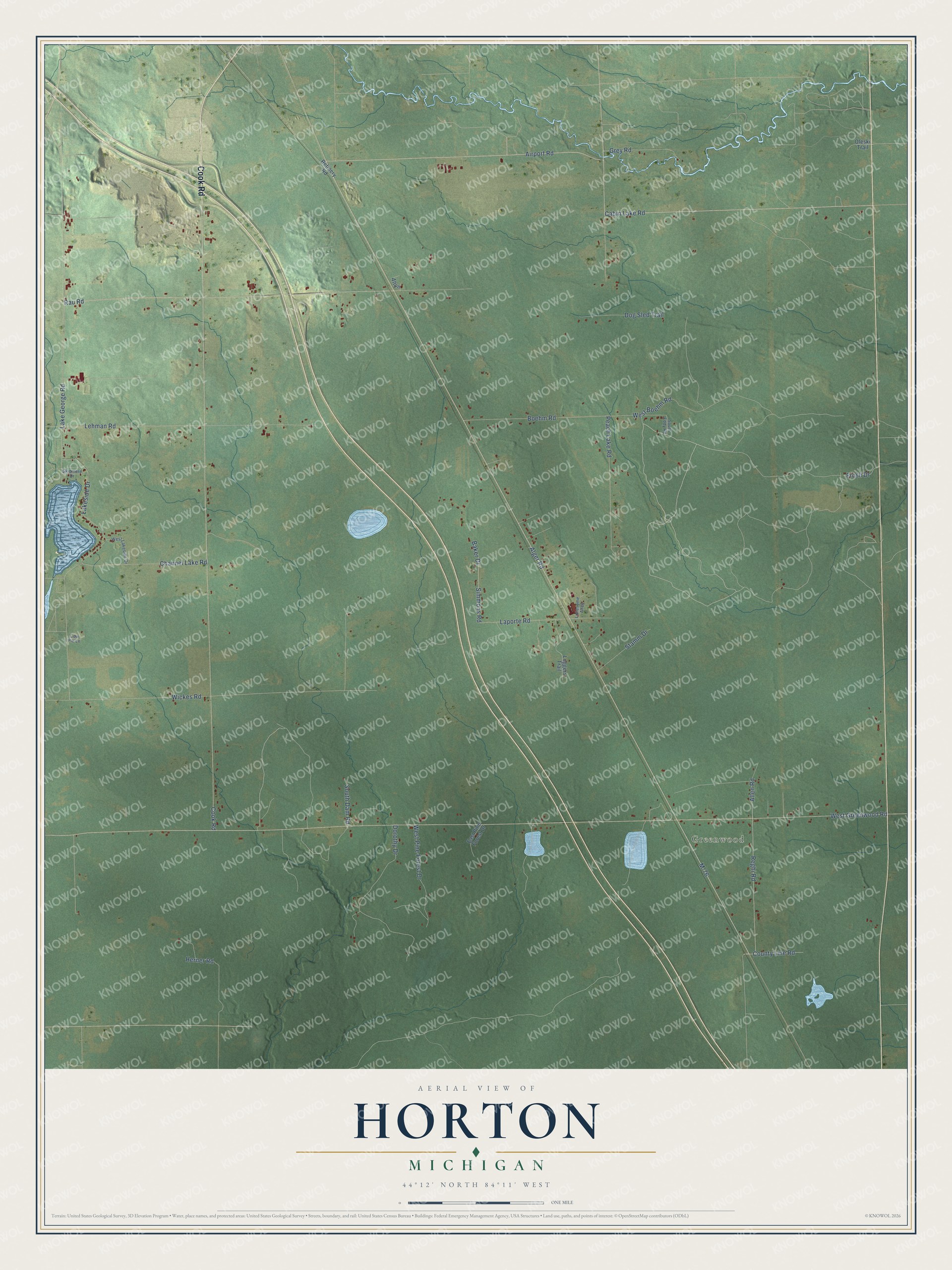 Full map of Horton, Michigan, with red buildings, printed street names and the land around them