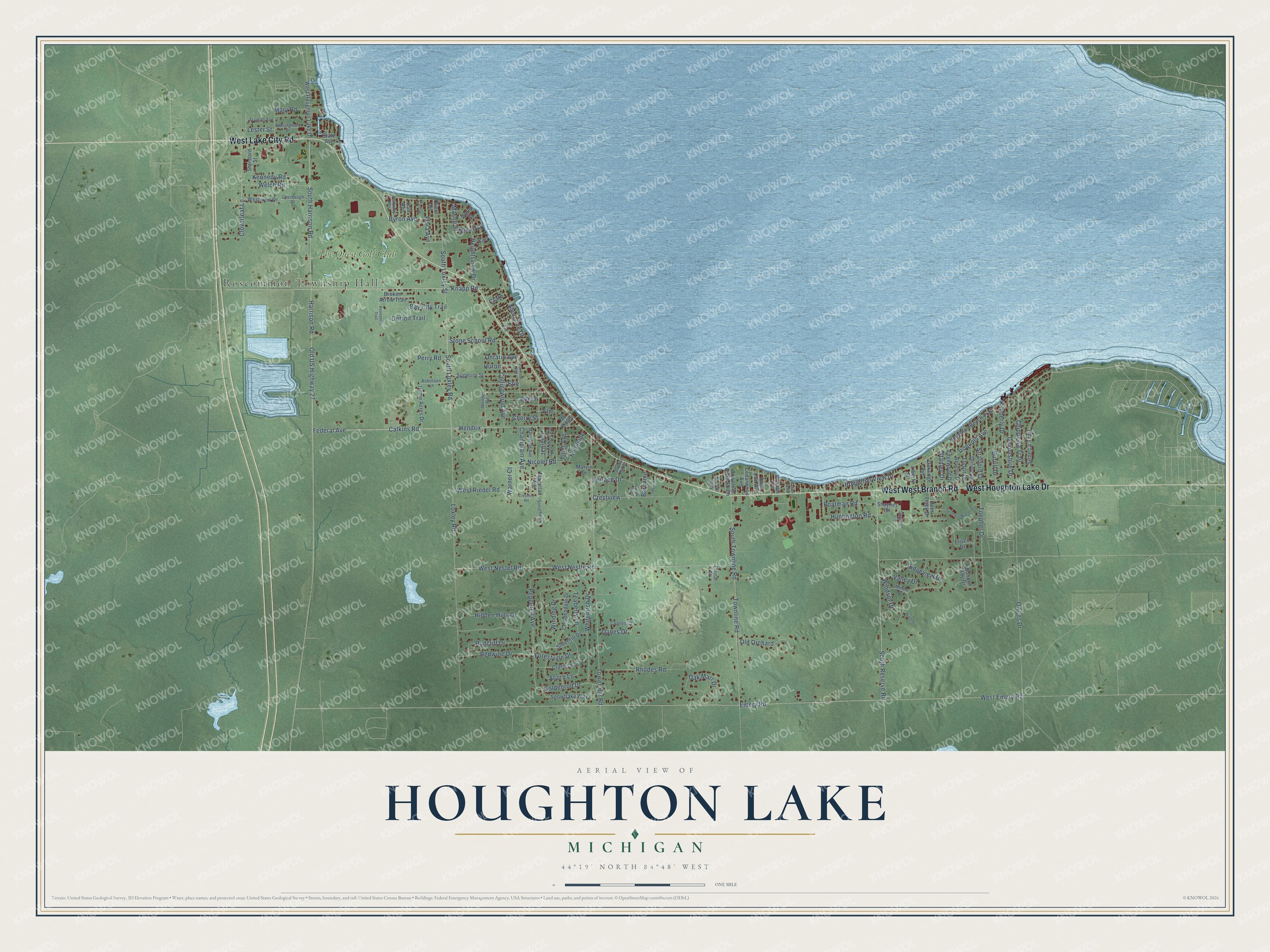 Full map of Houghton Lake, Michigan, with red buildings, printed street names and the land around them