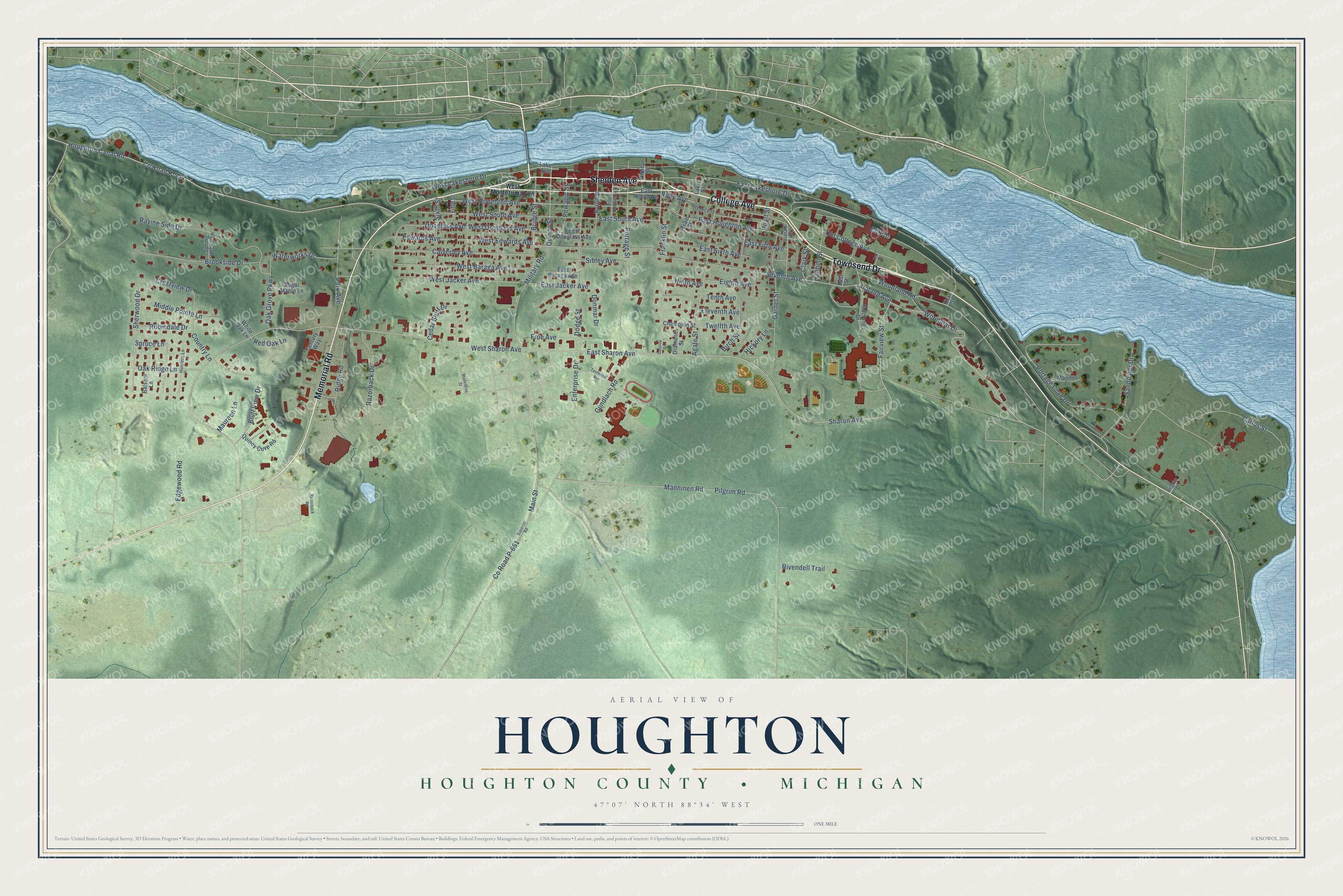 Full map of Houghton, Michigan, with red buildings, printed street names and the land around them