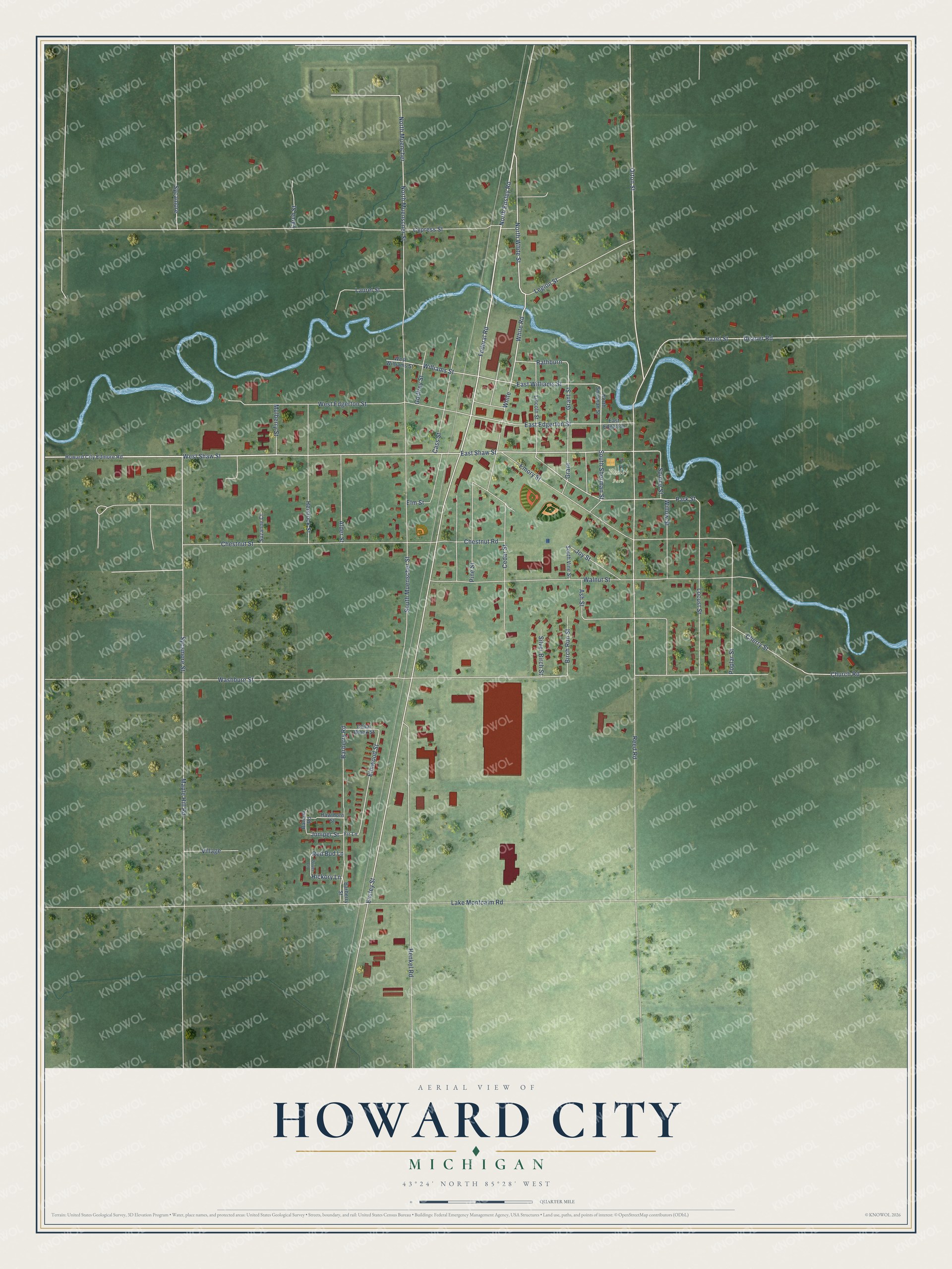 Full map of Howard City, Michigan, with red buildings, printed street names and the land around them