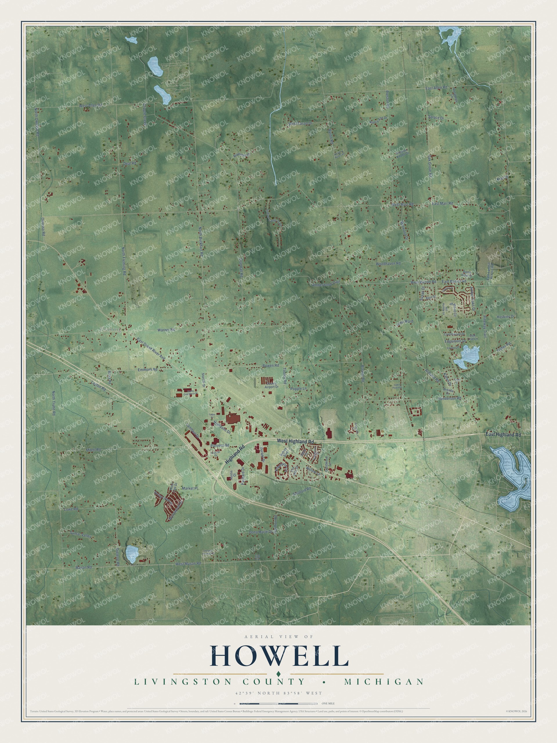 Full map of Howell, Michigan, with red buildings, printed street names and the land around them