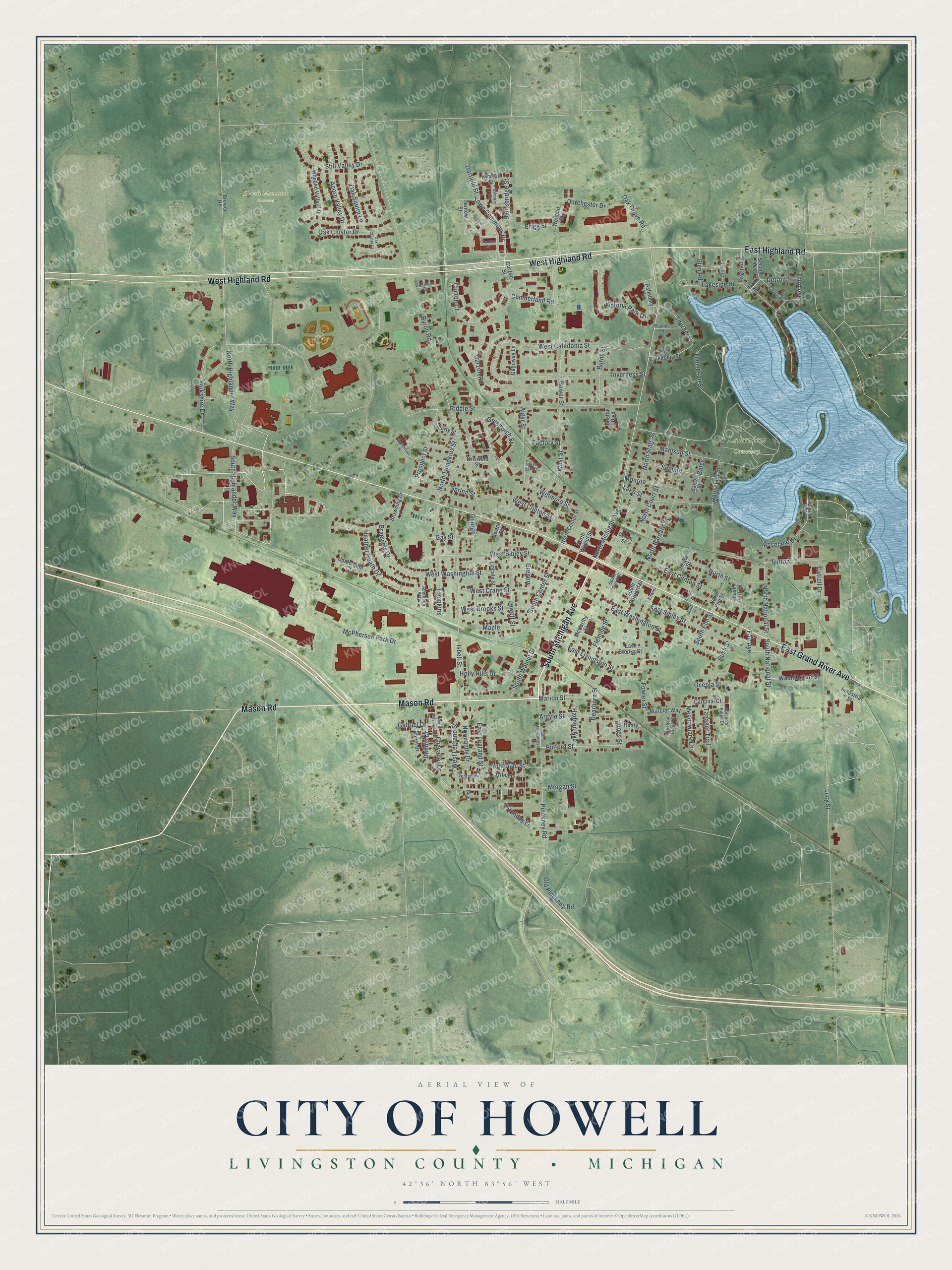 Full map of Howell, Michigan, with red buildings, printed street names and the land around them