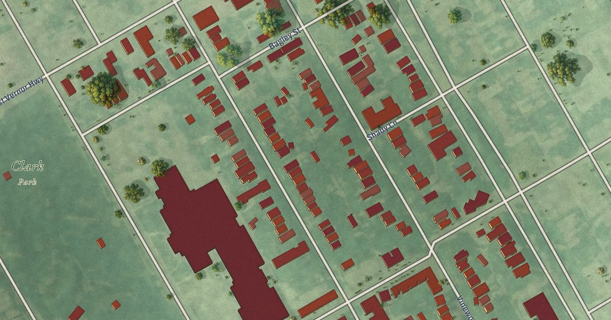 Close-up of streets and buildings in Hubbard Farms, Michigan