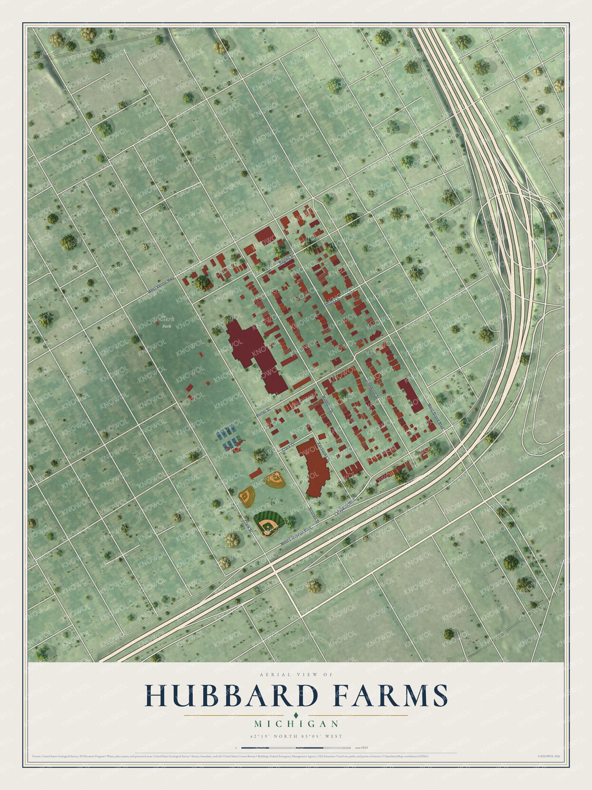 Full map of Hubbard Farms, Michigan, with red buildings, printed street names and the land around them