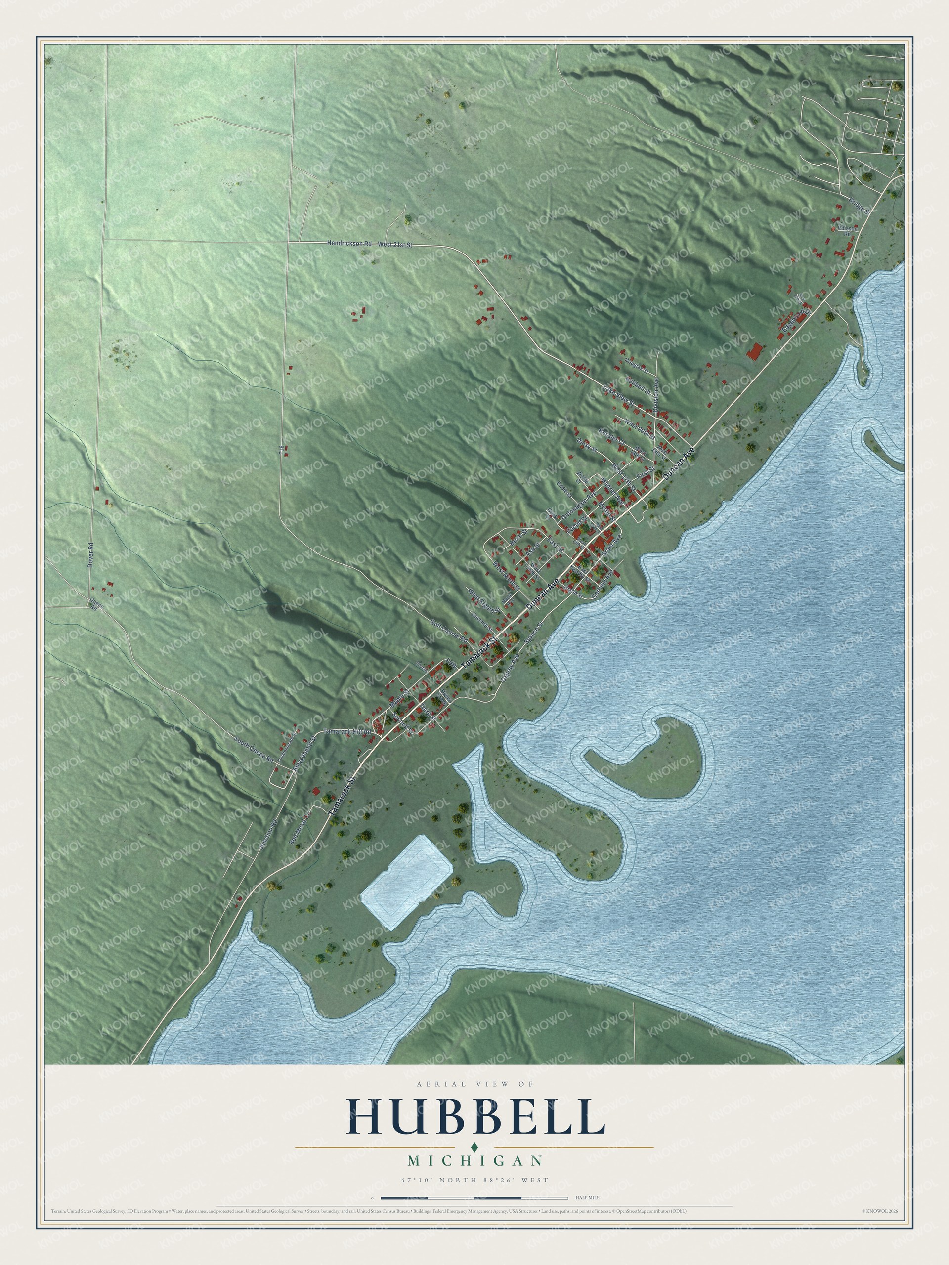 Full map of Hubbell, Michigan, with red buildings, printed street names and the land around them