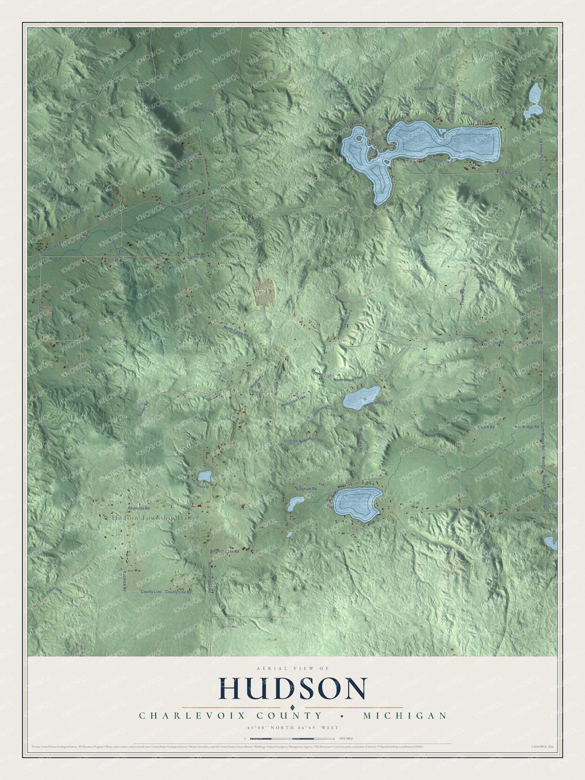 Full map of Hudson, Michigan, with red buildings, printed street names and the land around them