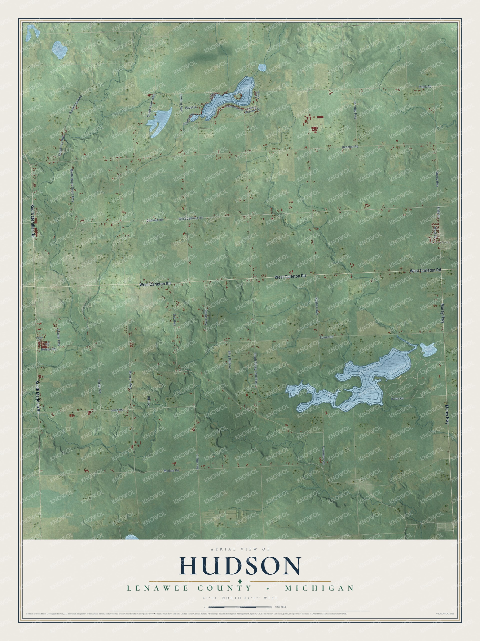 Full map of Hudson, Michigan, with red buildings, printed street names and the land around them