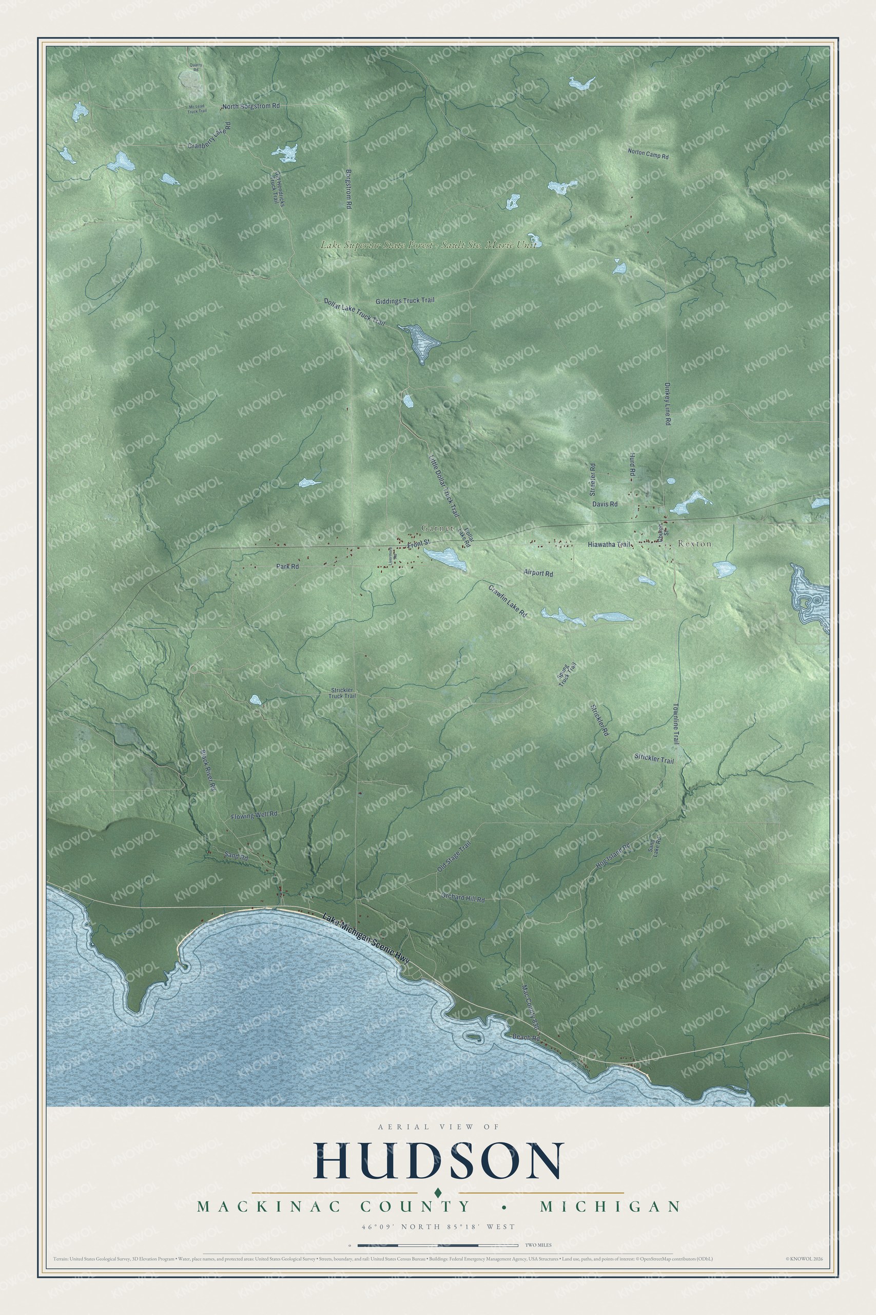 Full map of Hudson, Michigan, with red buildings, printed street names and the land around them