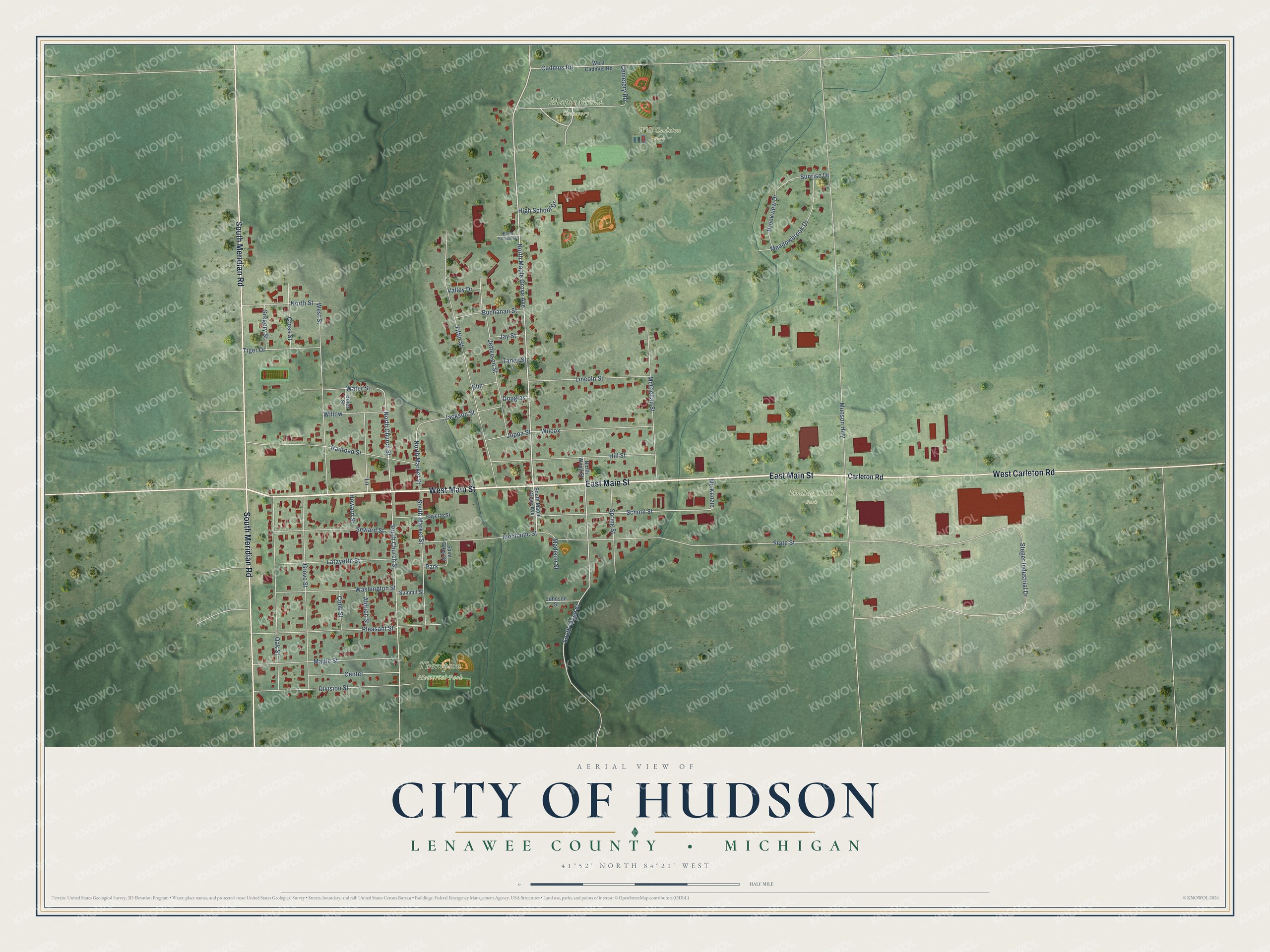Full map of Hudson, Michigan, with red buildings, printed street names and the land around them
