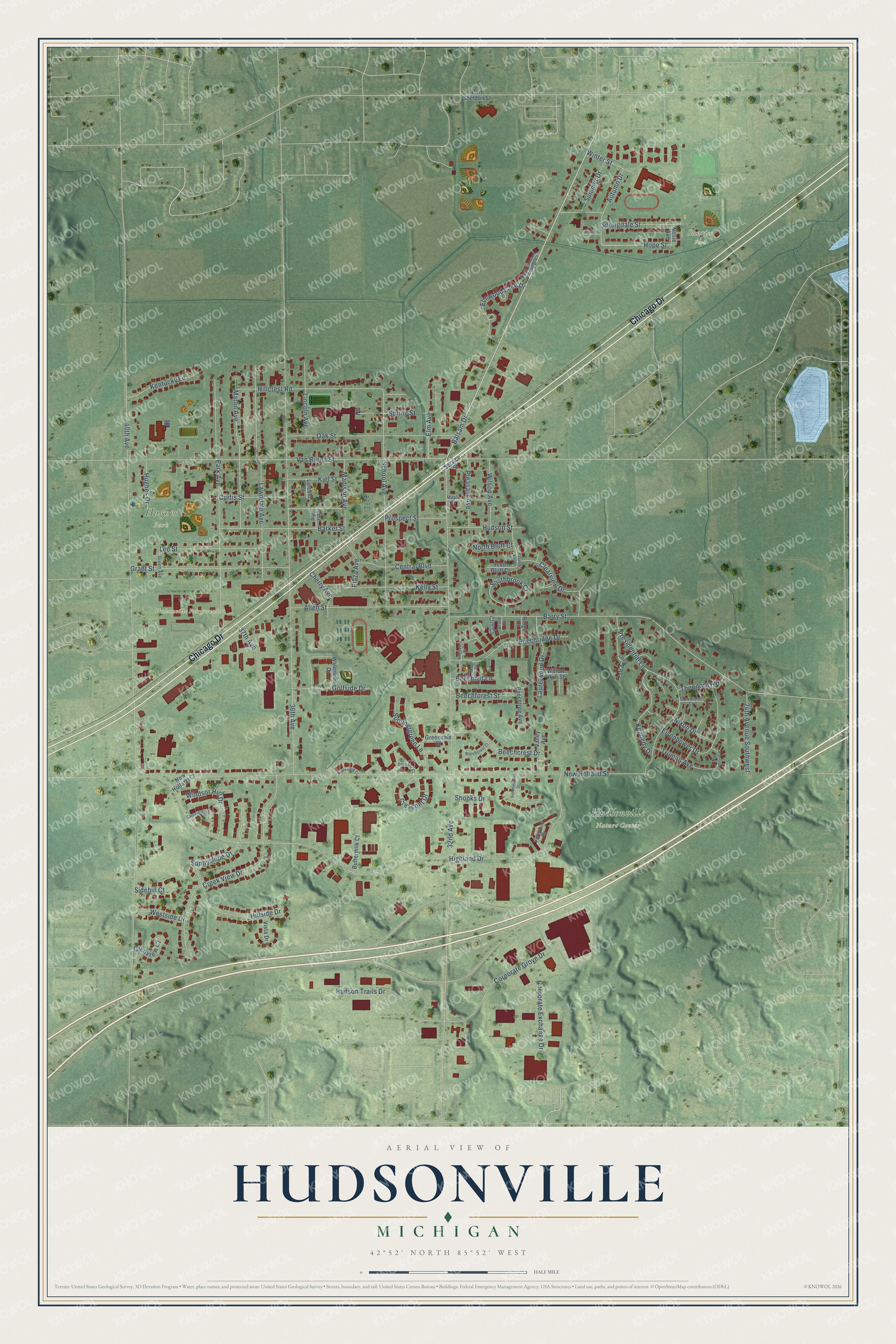 Full map of Hudsonville, Michigan, with red buildings, printed street names and the land around them