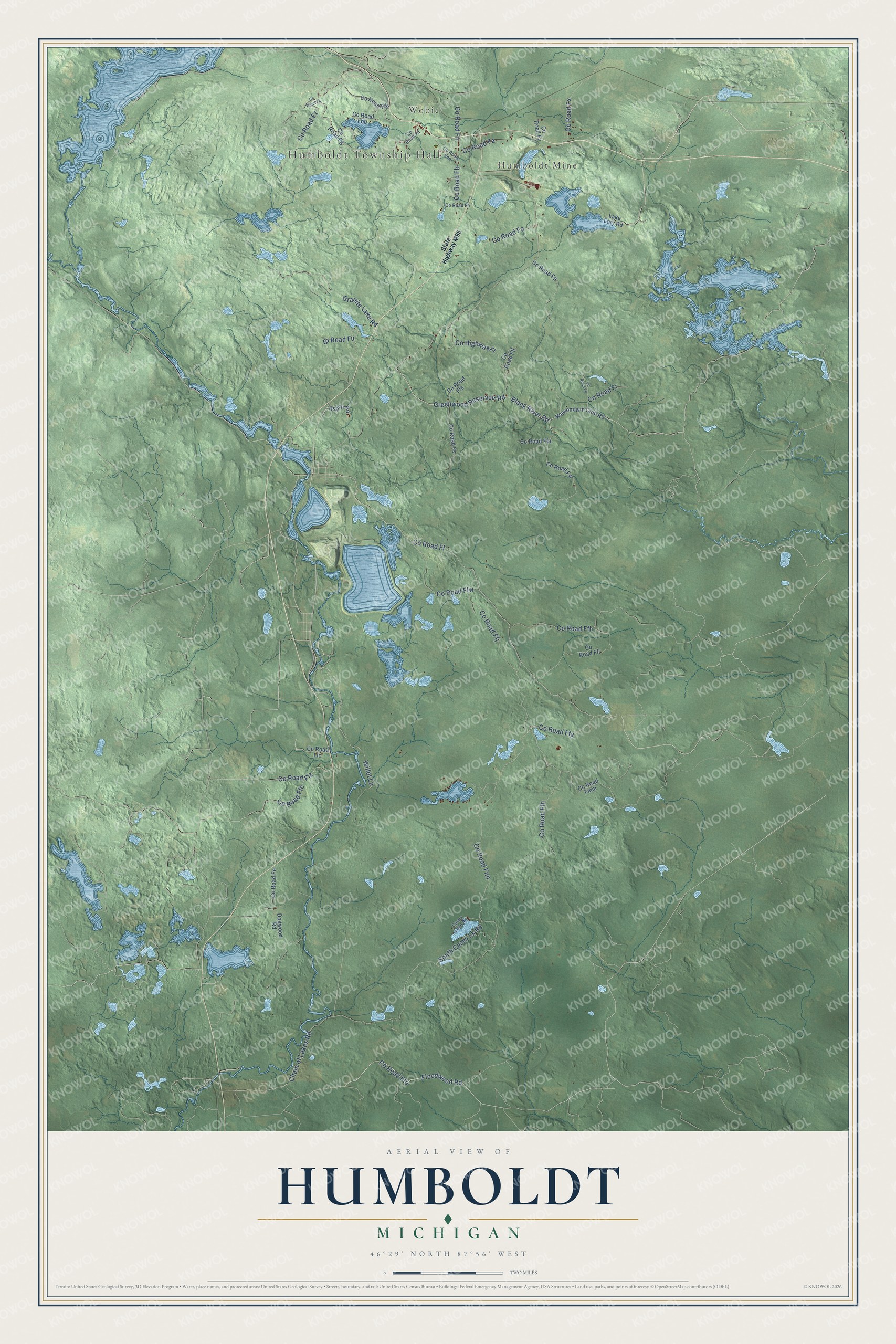 Full map of Humboldt, Michigan, with red buildings, printed street names and the land around them