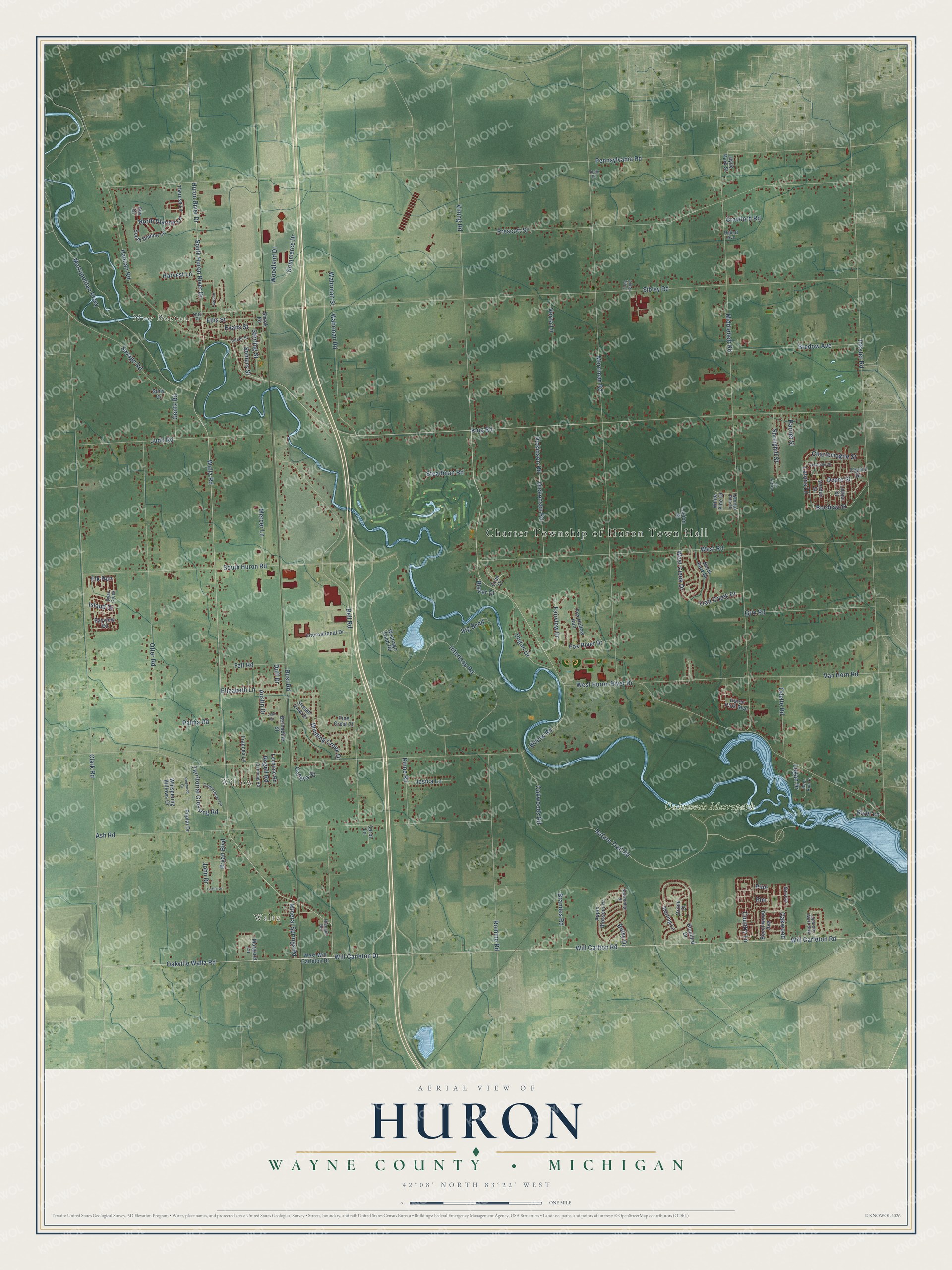 Full map of Huron, Michigan, with red buildings, printed street names and the land around them