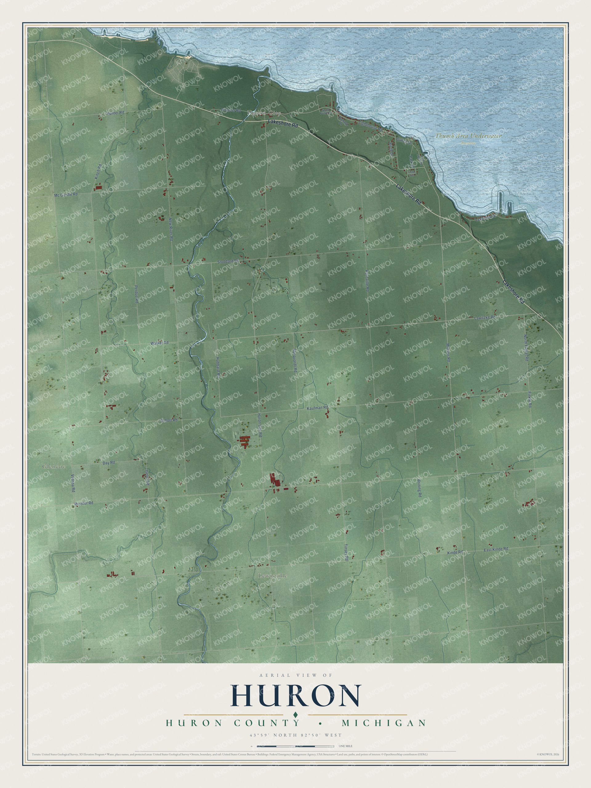 Full map of Huron, Michigan, with red buildings, printed street names and the land around them