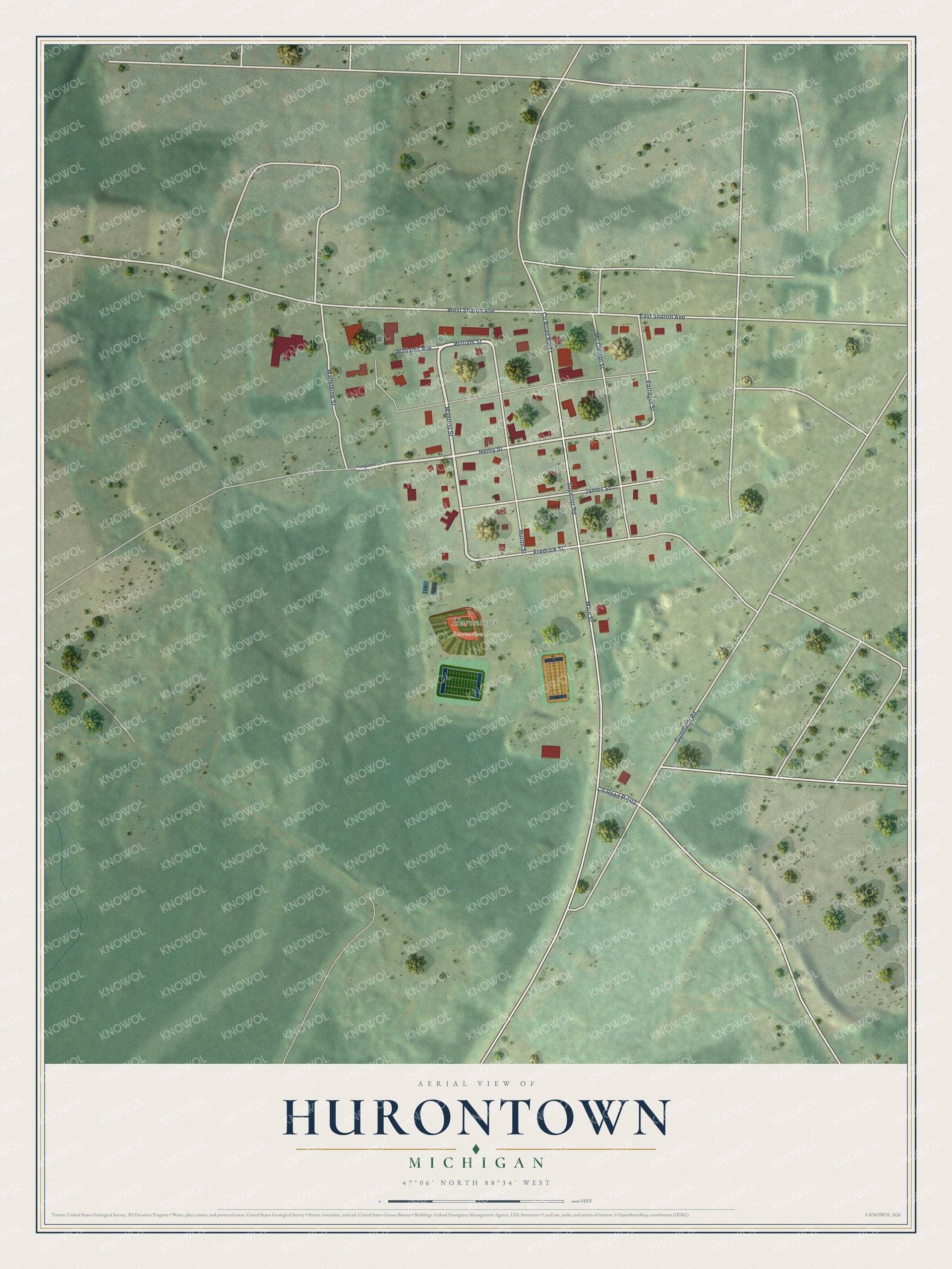 Full map of Hurontown, Michigan, with red buildings, printed street names and the land around them