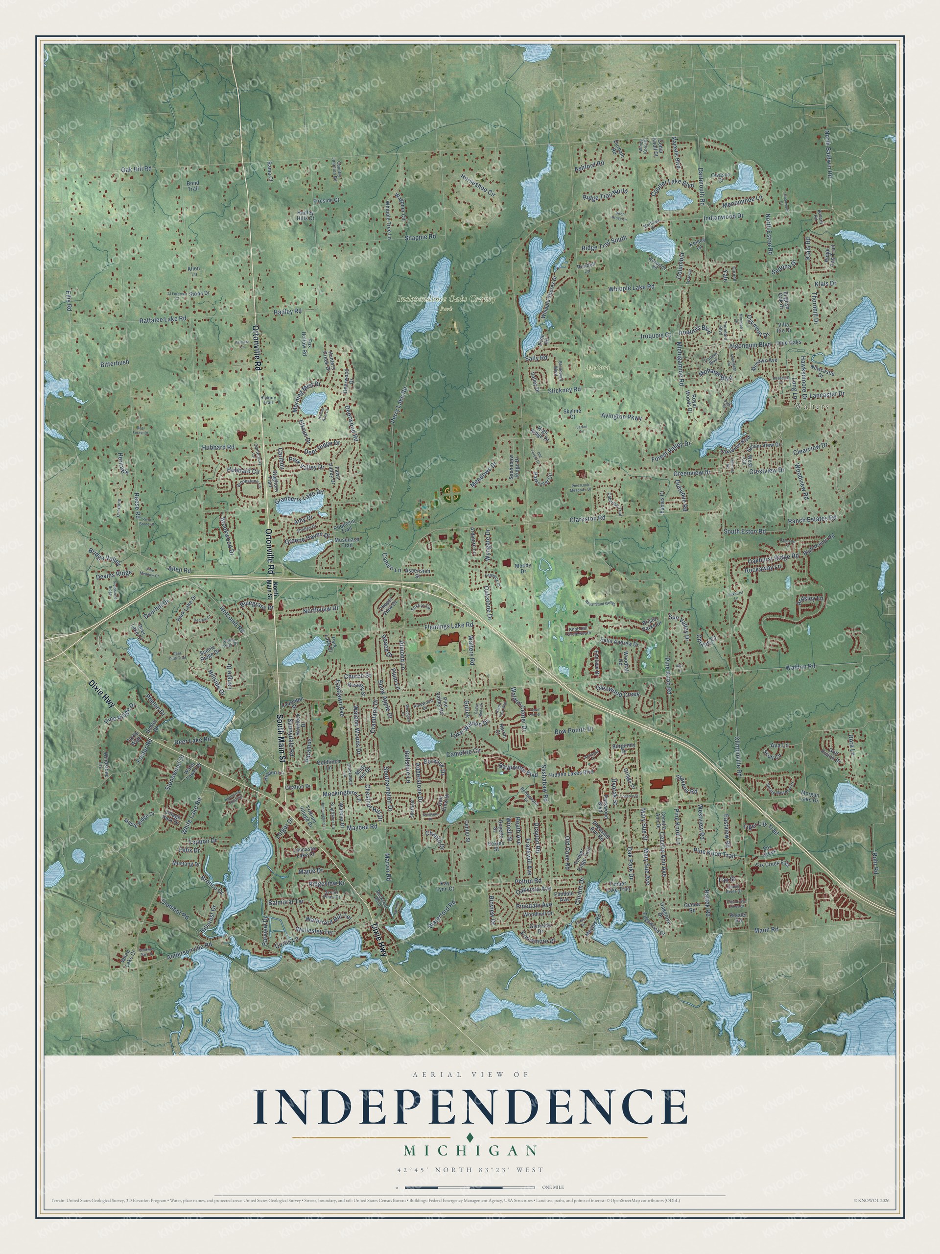 Full map of Independence, Michigan, with red buildings, printed street names and the land around them