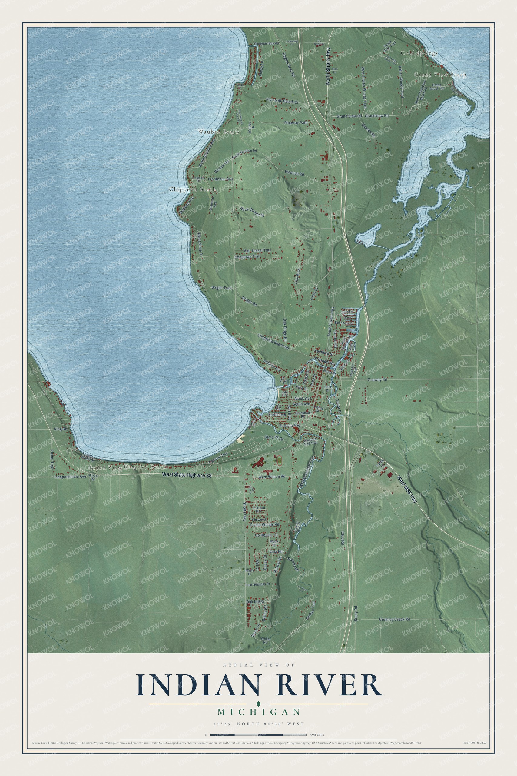 Full map of Indian River, Michigan, with red buildings, printed street names and the land around them