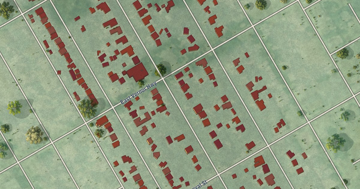 Close-up of streets and buildings in Indian Village, Michigan