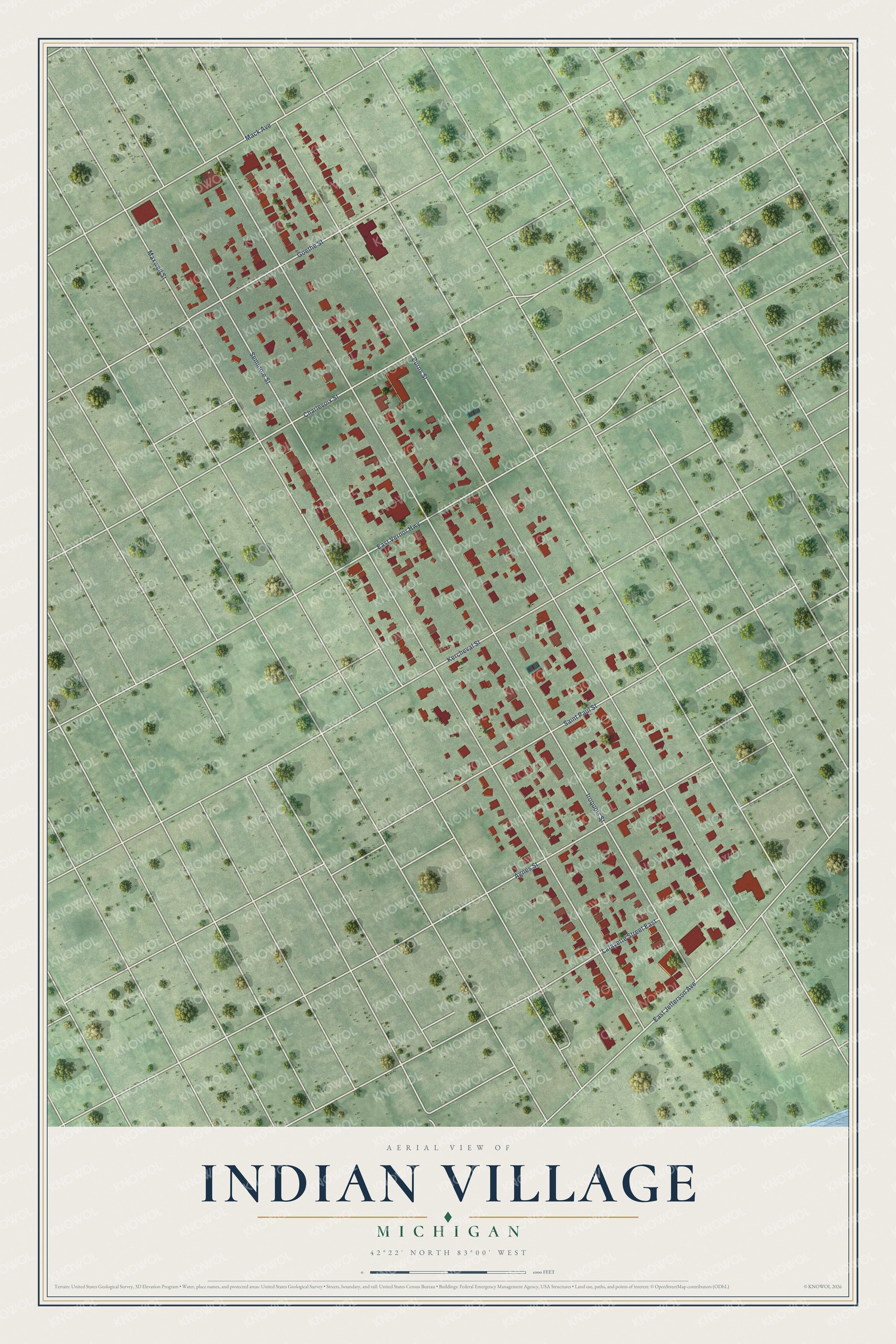 Full map of Indian Village, Michigan, with red buildings, printed street names and the land around them