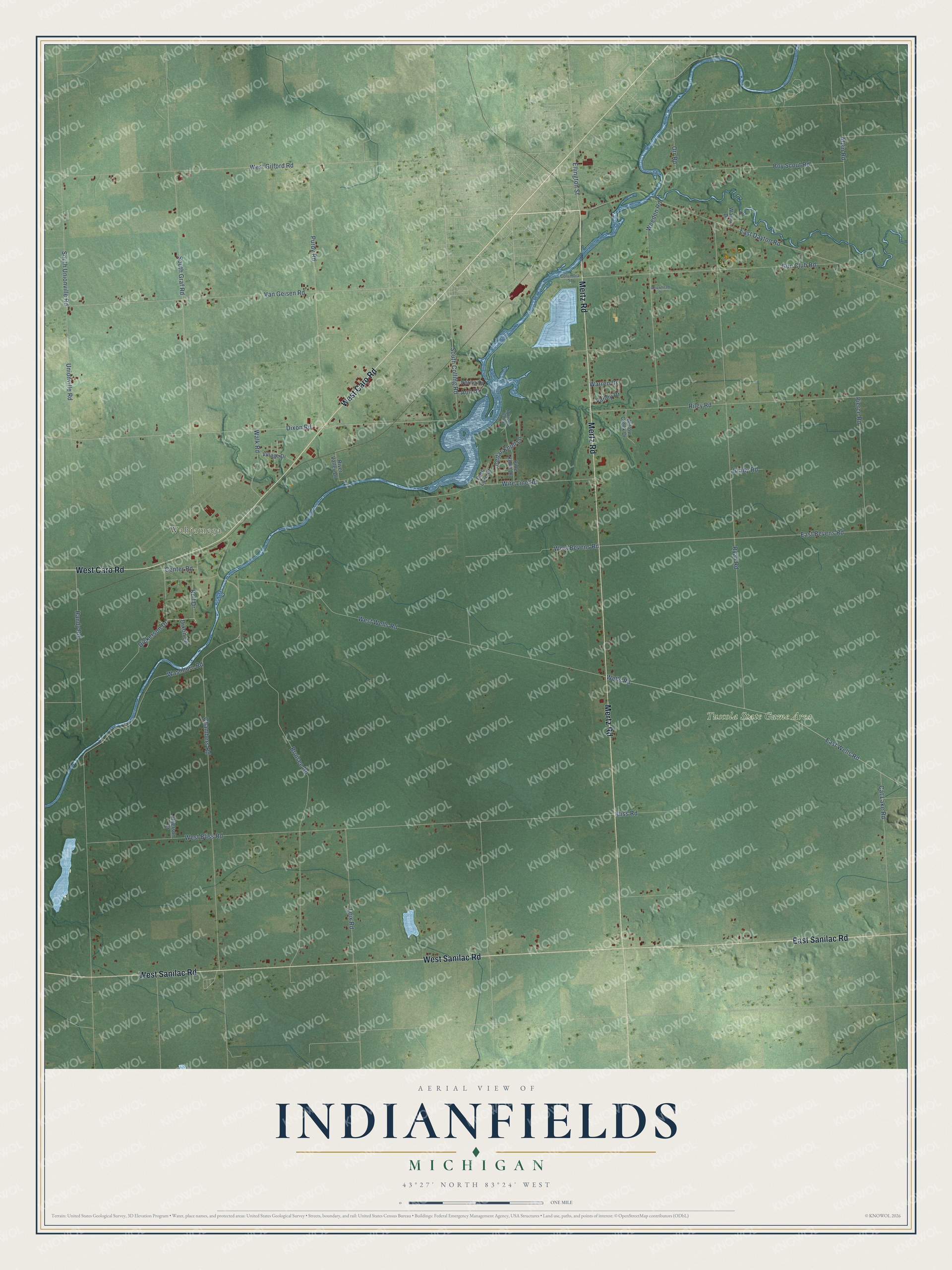 Full map of Indianfields, Michigan, with red buildings, printed street names and the land around them