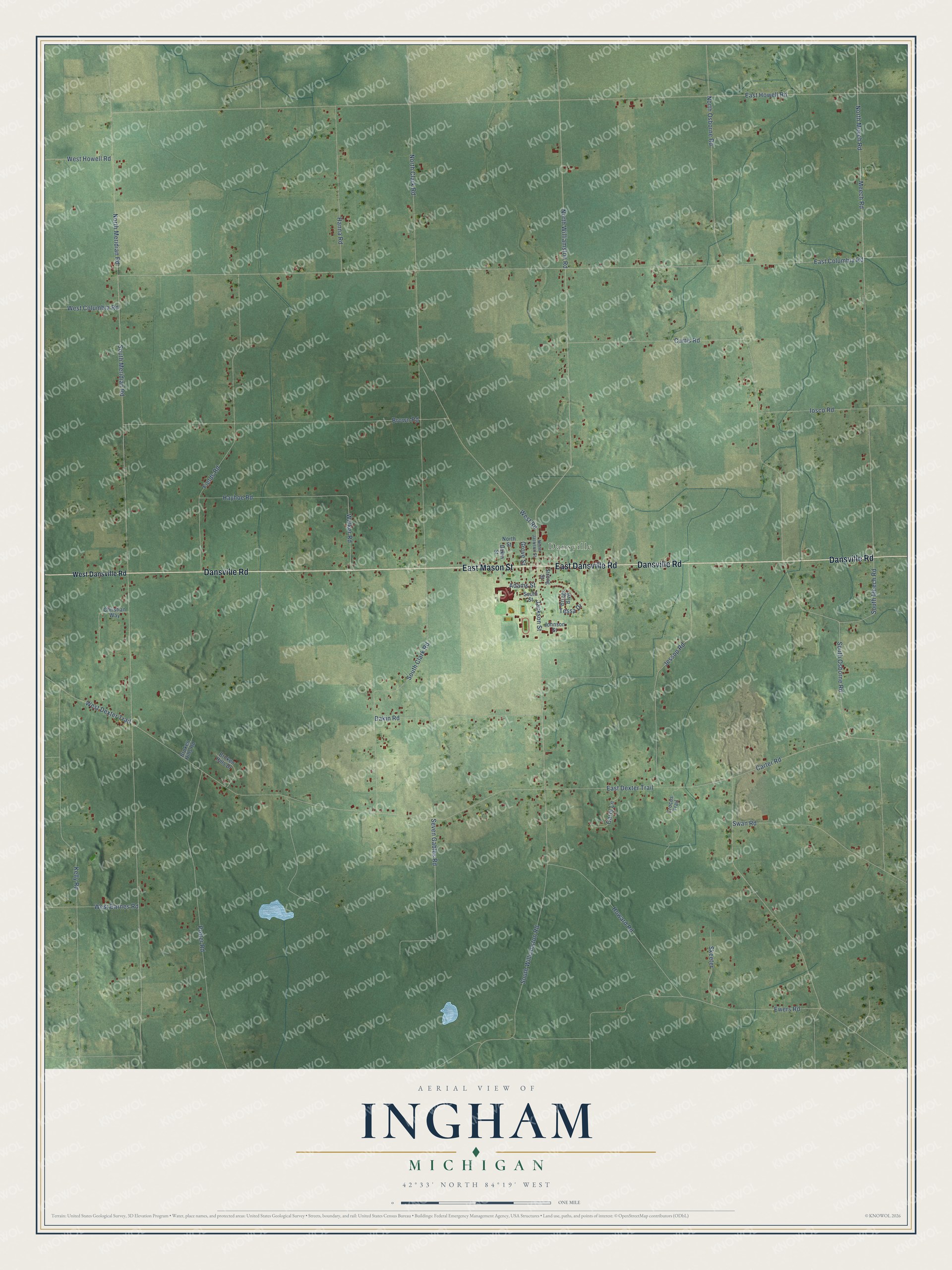 Full map of Ingham, Michigan, with red buildings, printed street names and the land around them