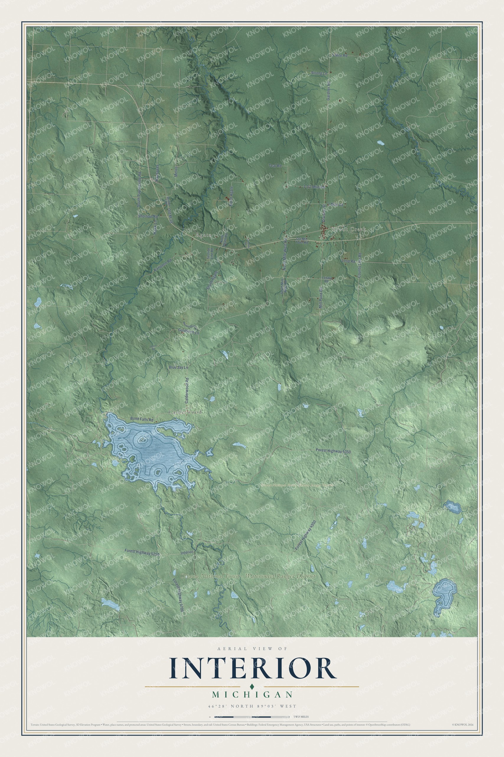Full map of Interior, Michigan, with red buildings, printed street names and the land around them