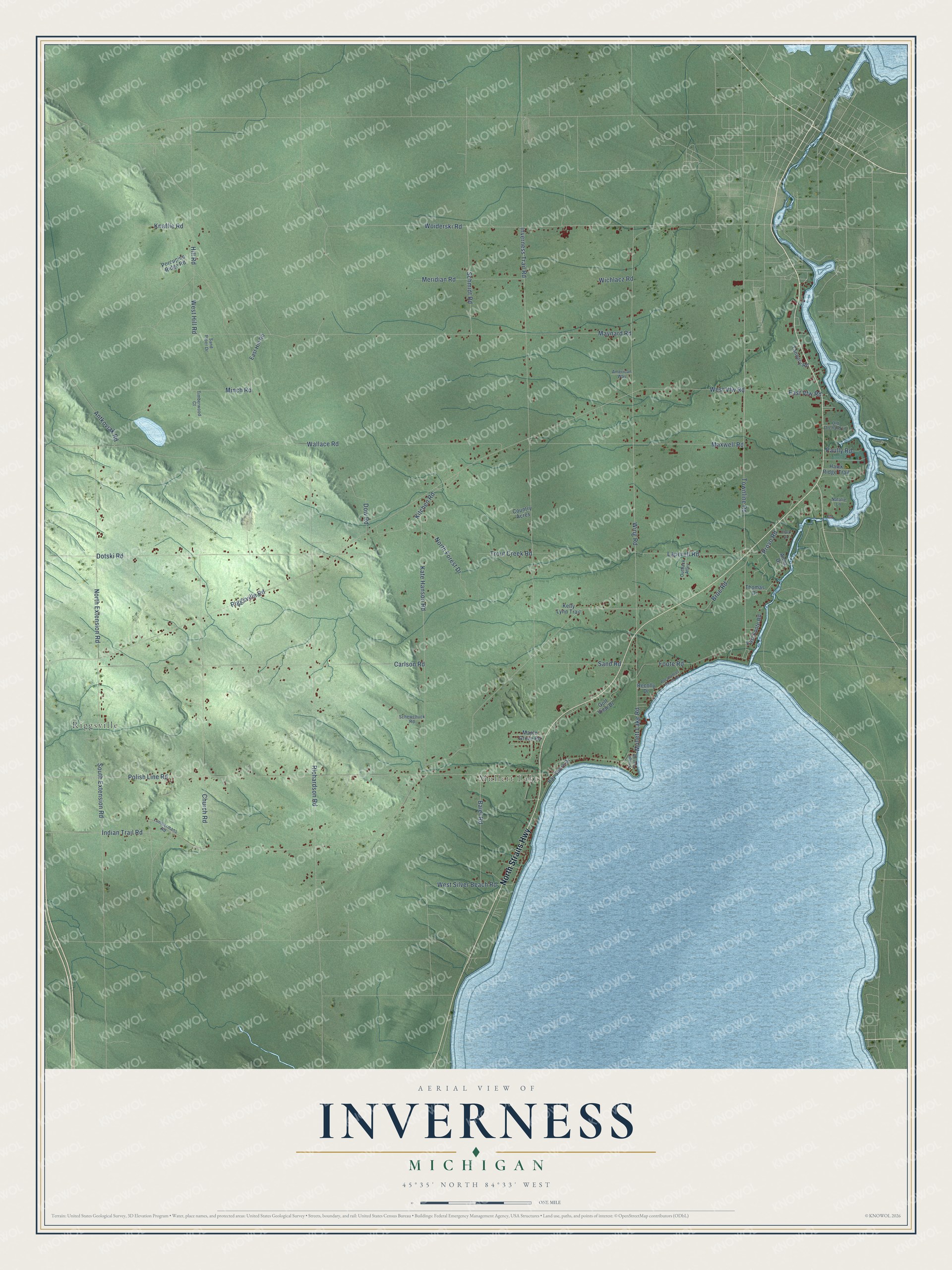 Full map of Inverness, Michigan, with red buildings, printed street names and the land around them