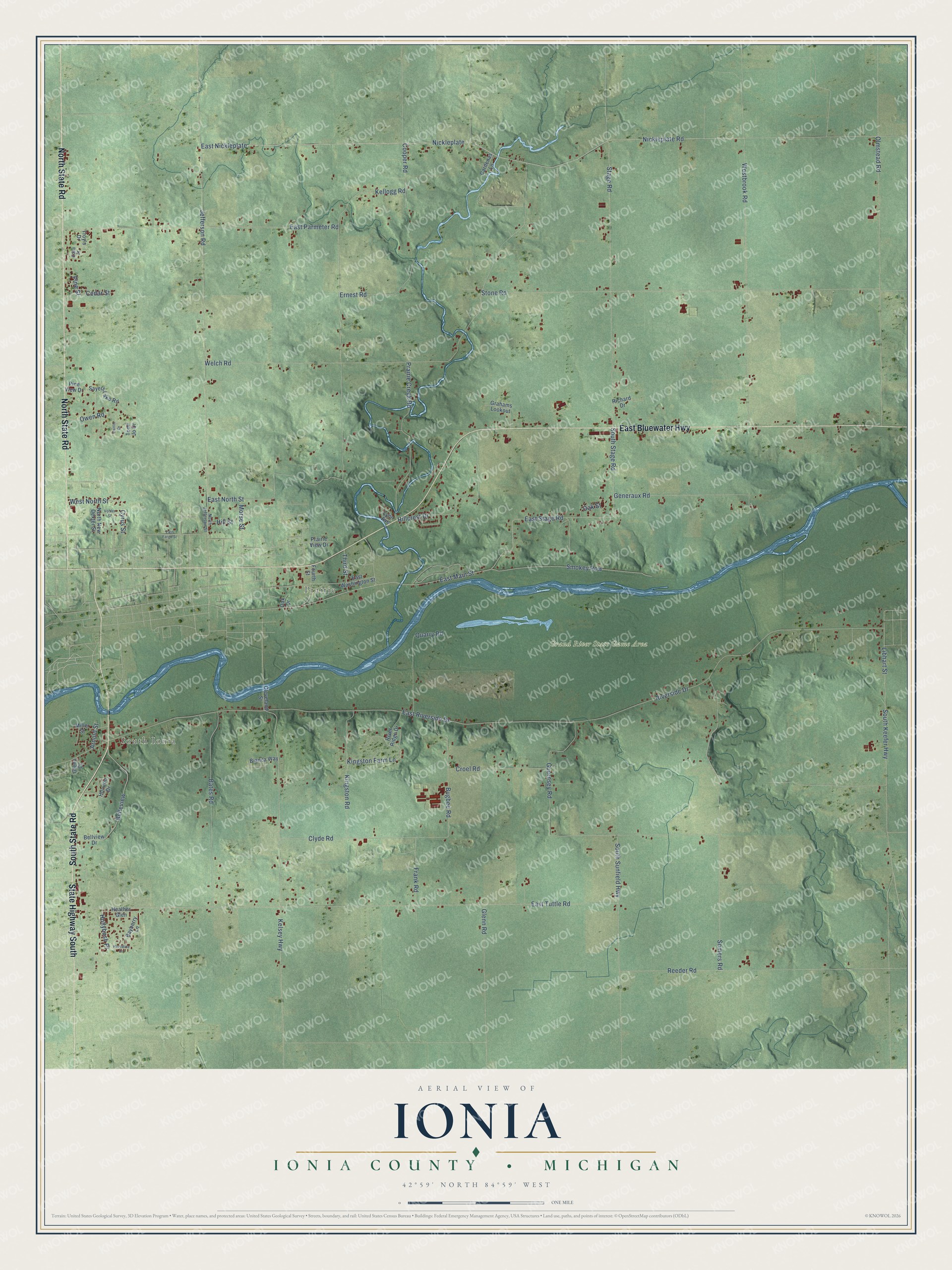 Full map of Ionia, Michigan, with red buildings, printed street names and the land around them