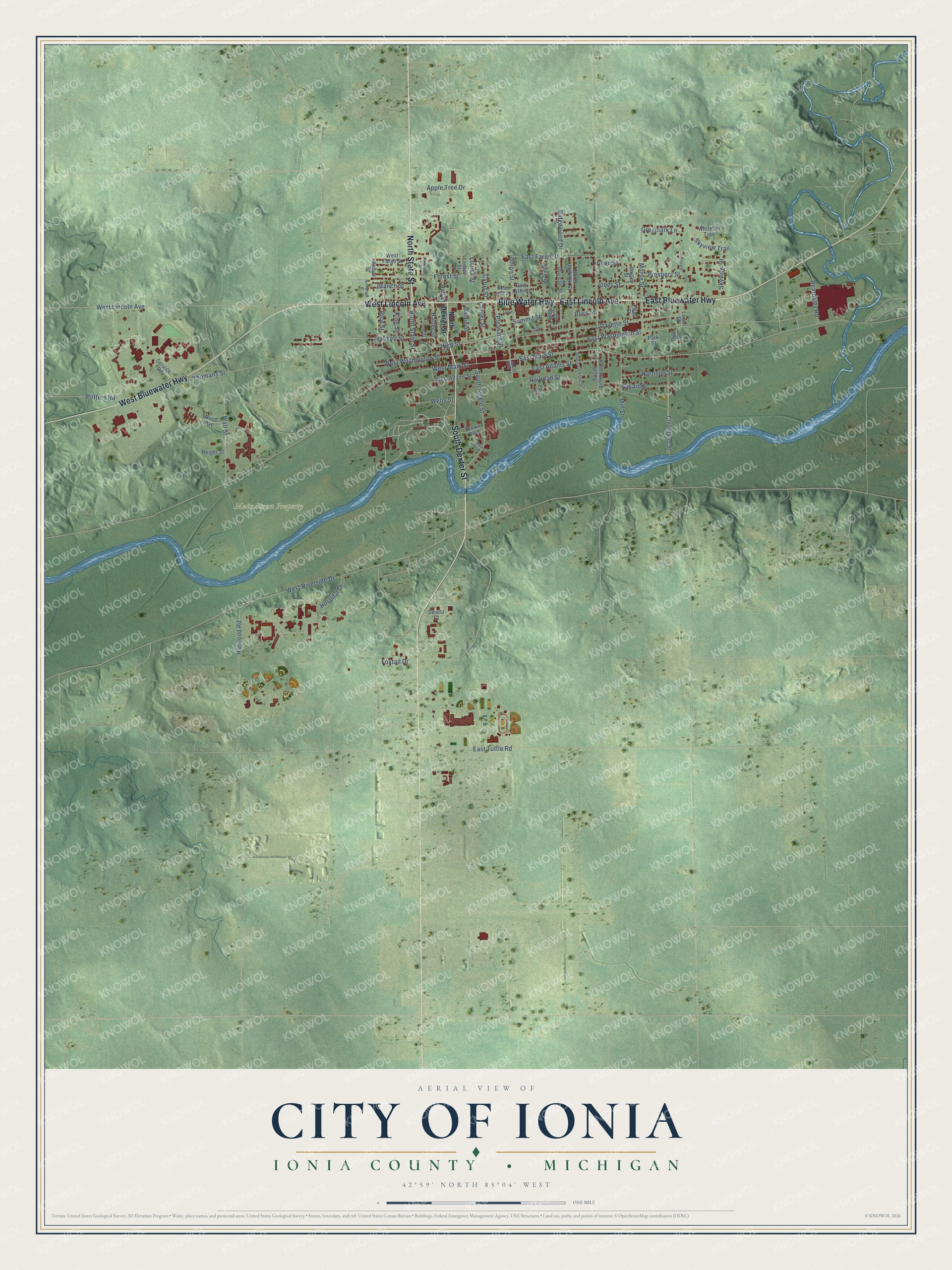 Full map of Ionia, Michigan, with red buildings, printed street names and the land around them