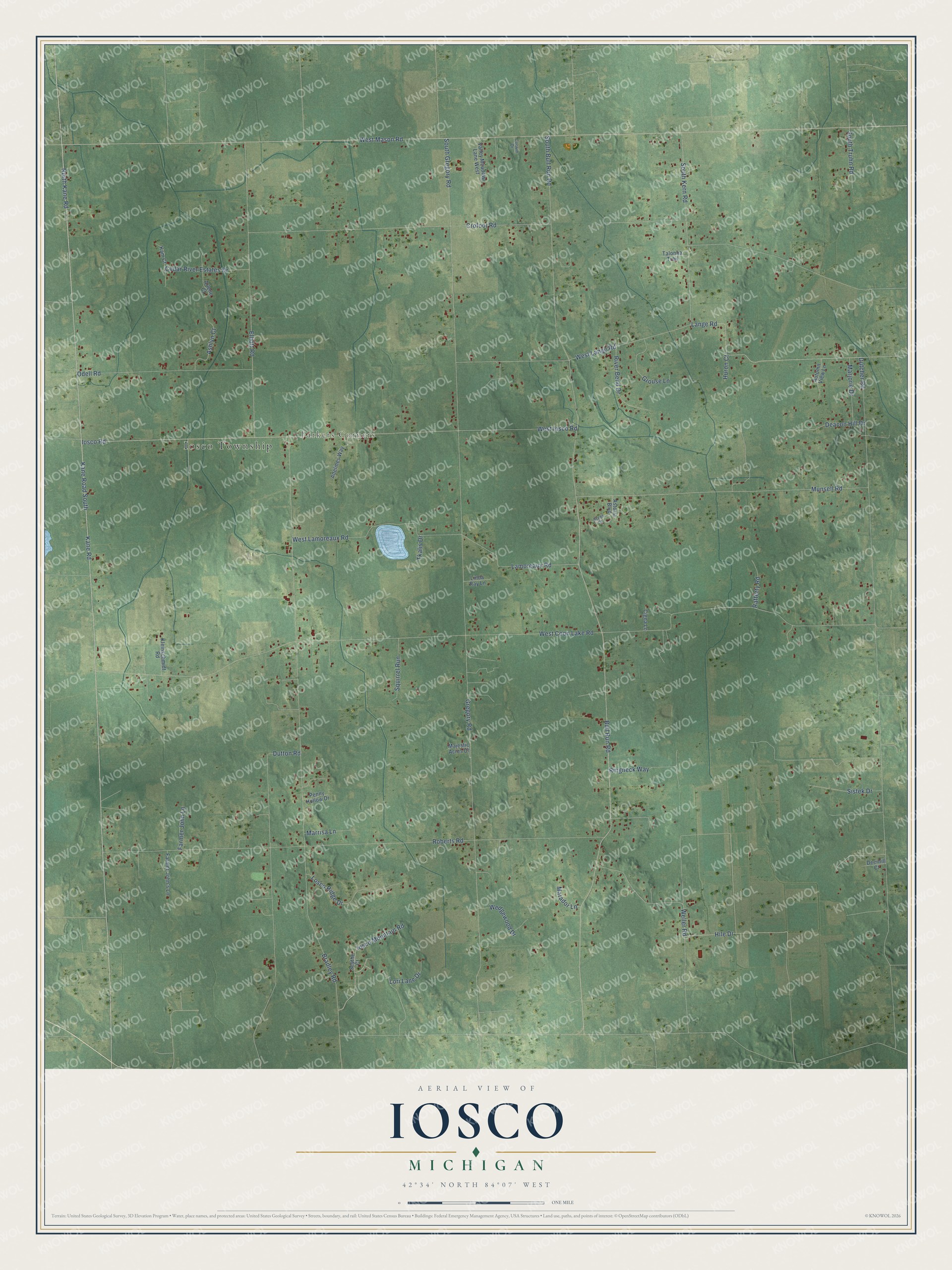 Full map of Iosco, Michigan, with red buildings, printed street names and the land around them