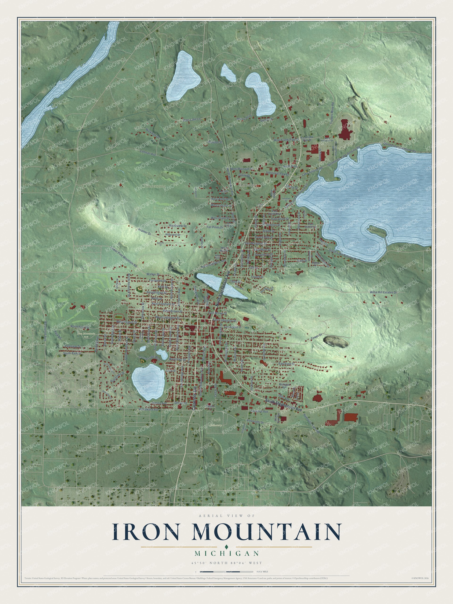 Full map of Iron Mountain, Michigan, with red buildings, printed street names and the land around them