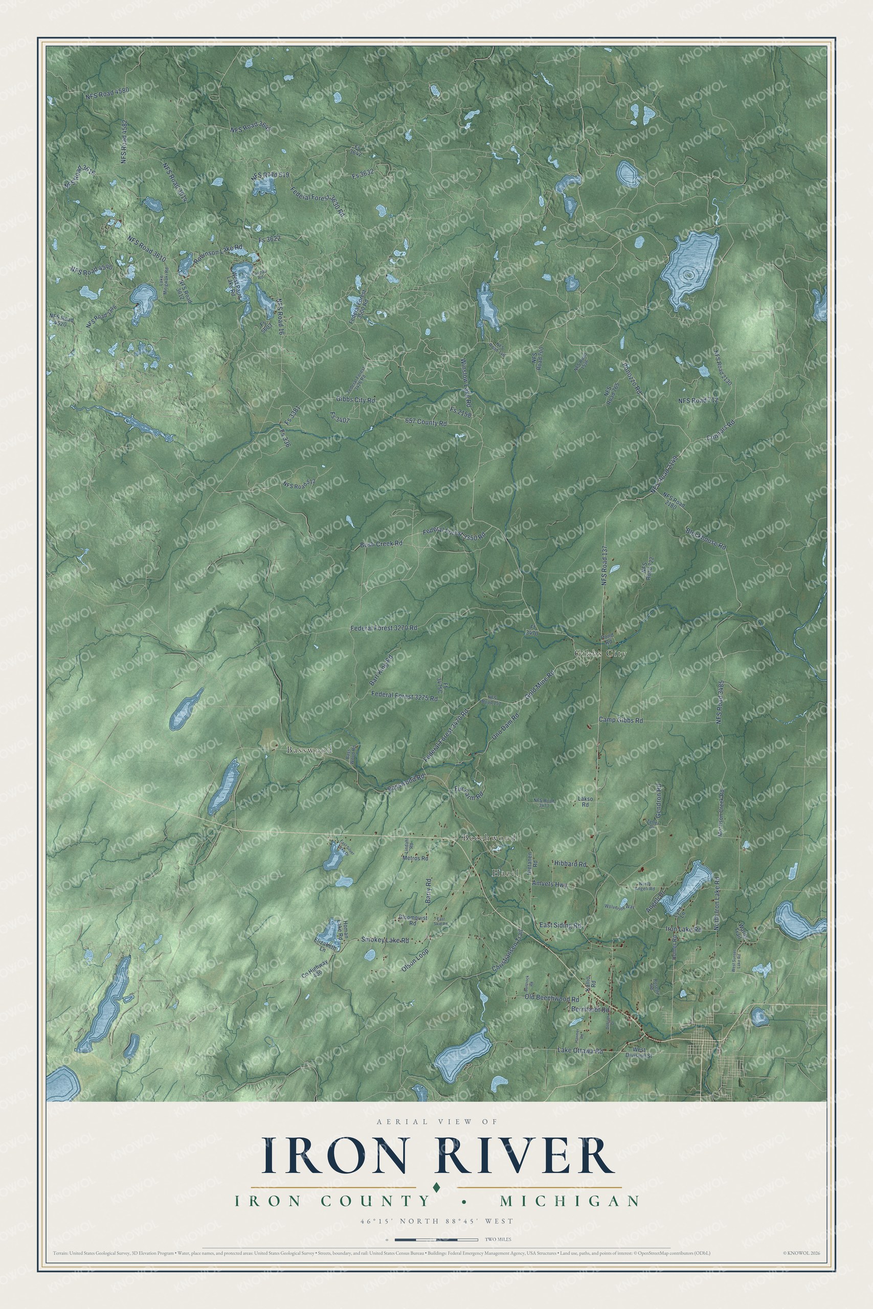 Full map of Iron River, Michigan, with red buildings, printed street names and the land around them