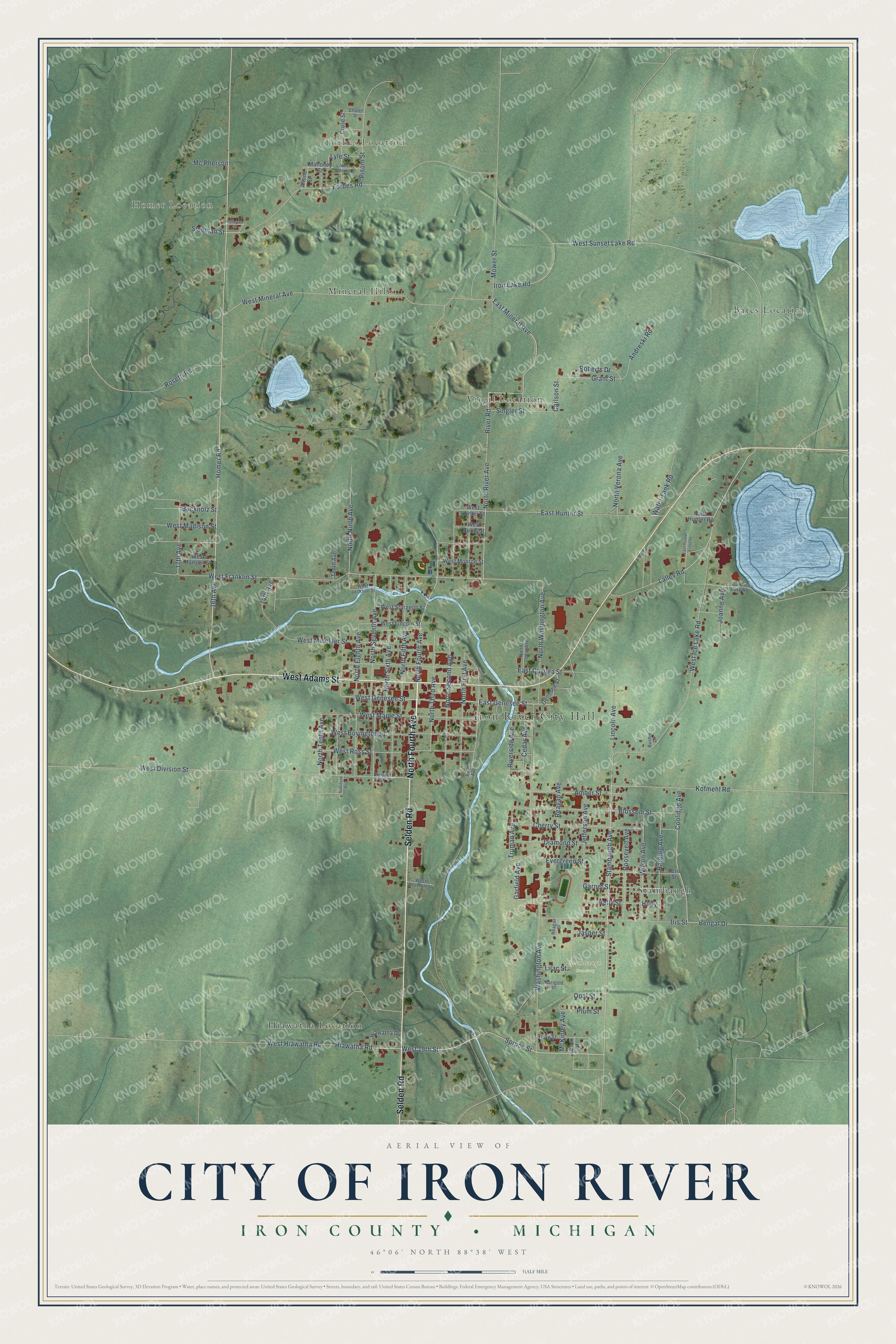 Full map of Iron River, Michigan, with red buildings, printed street names and the land around them