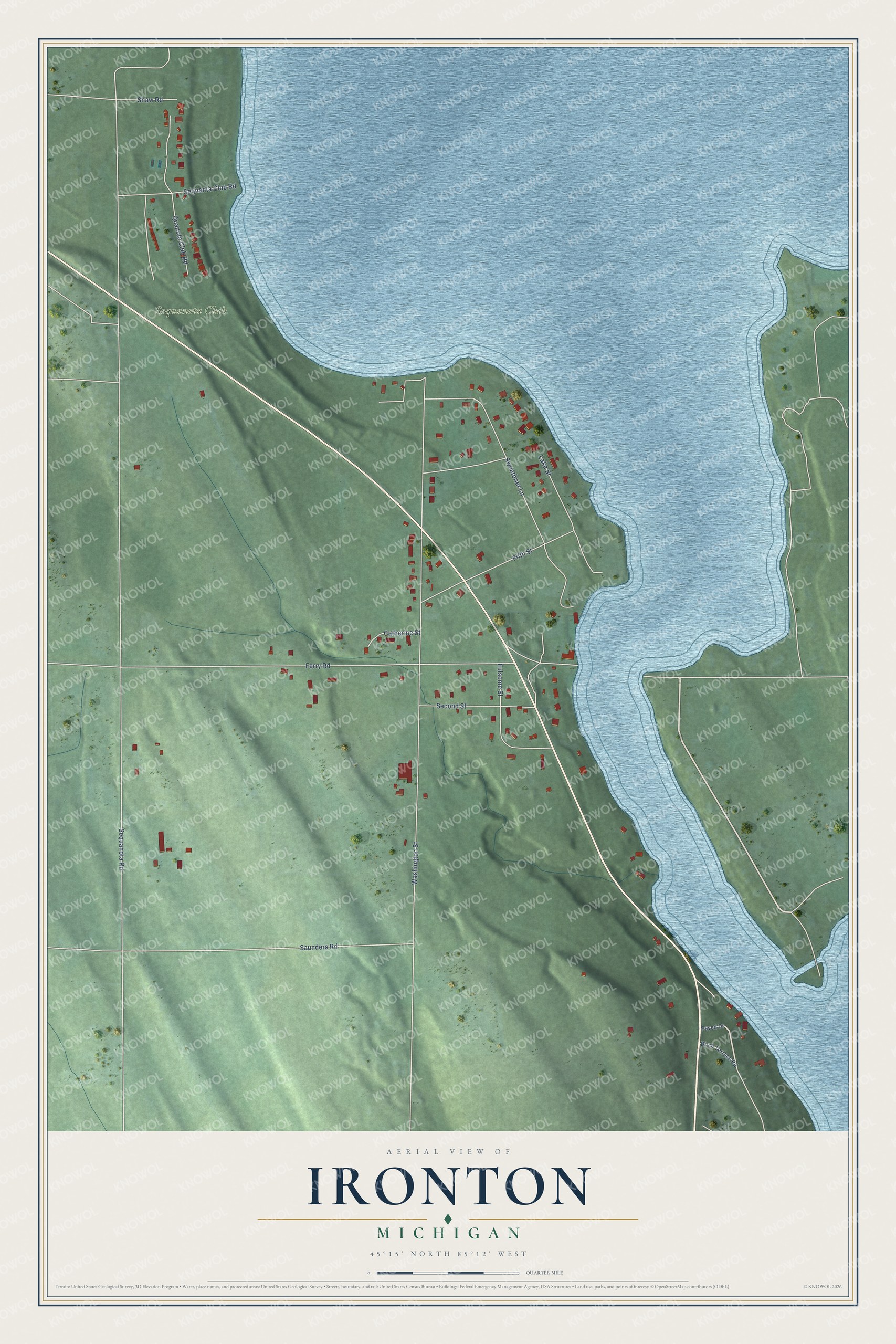 Full map of Ironton, Michigan, with red buildings, printed street names and the land around them