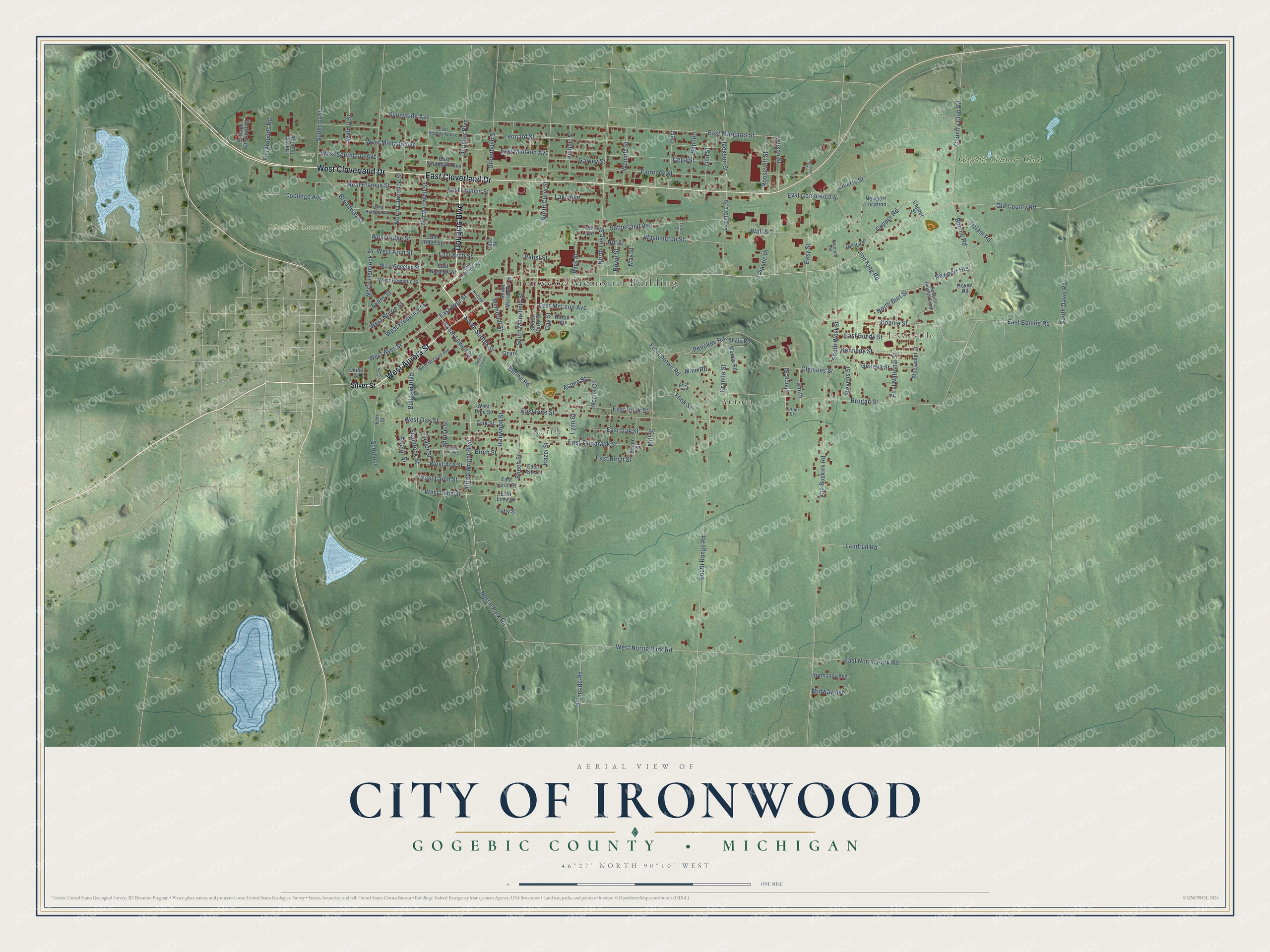 Full map of Ironwood, Michigan, with red buildings, printed street names and the land around them