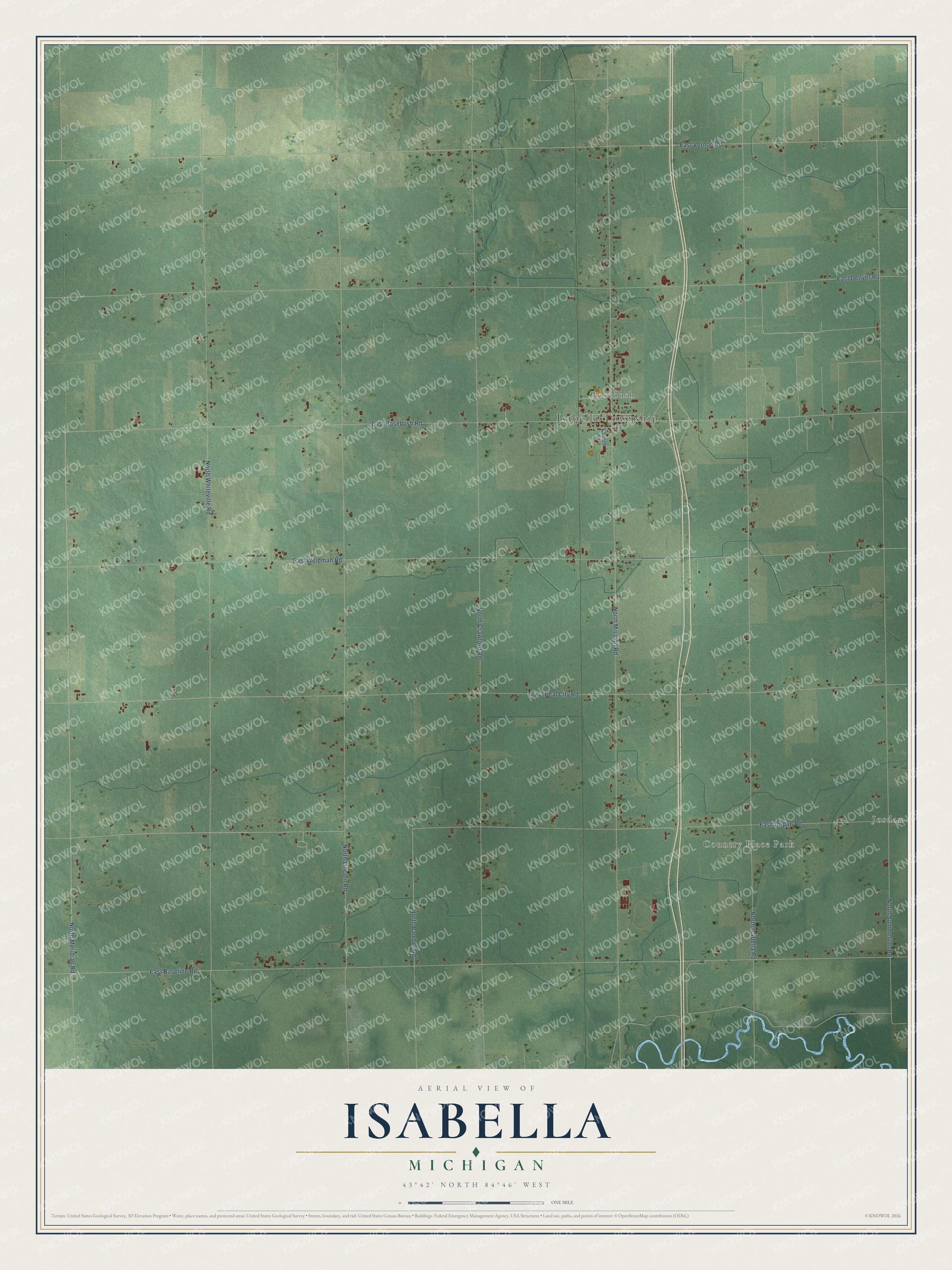 Full map of Isabella, Michigan, with red buildings, printed street names and the land around them